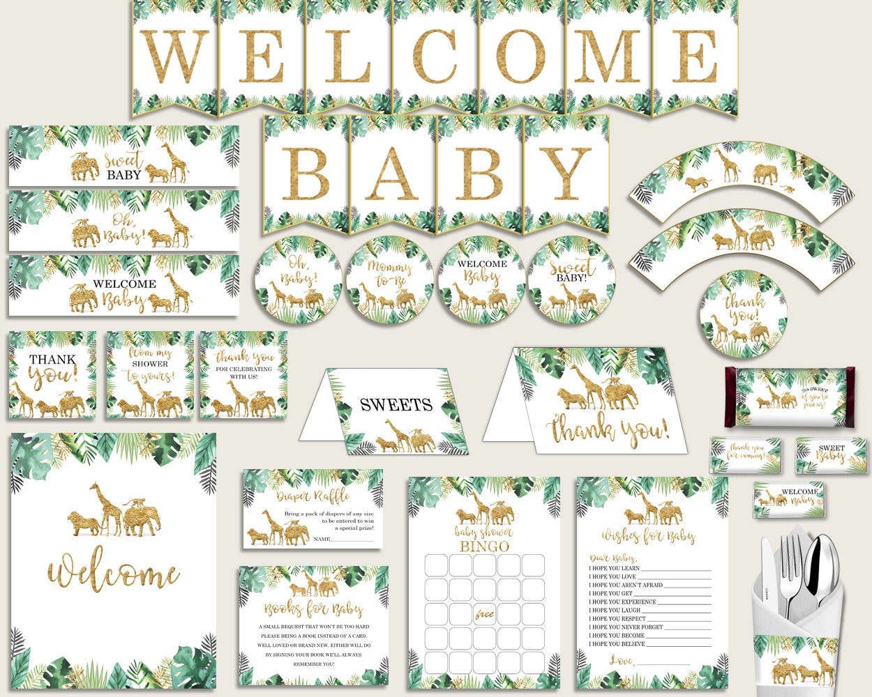 Gold Green Baby Shower Decorations Gender Neutral Kit Jungle Baby Shower Party Package Printable Instant Download Tropical Animals EJRED Etsy