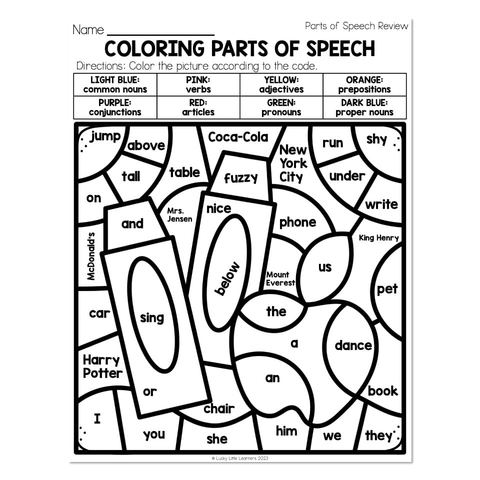Grammar Worksheets Parts Of Speech Review Coloring Parts Of Speech Lucky Little Learners