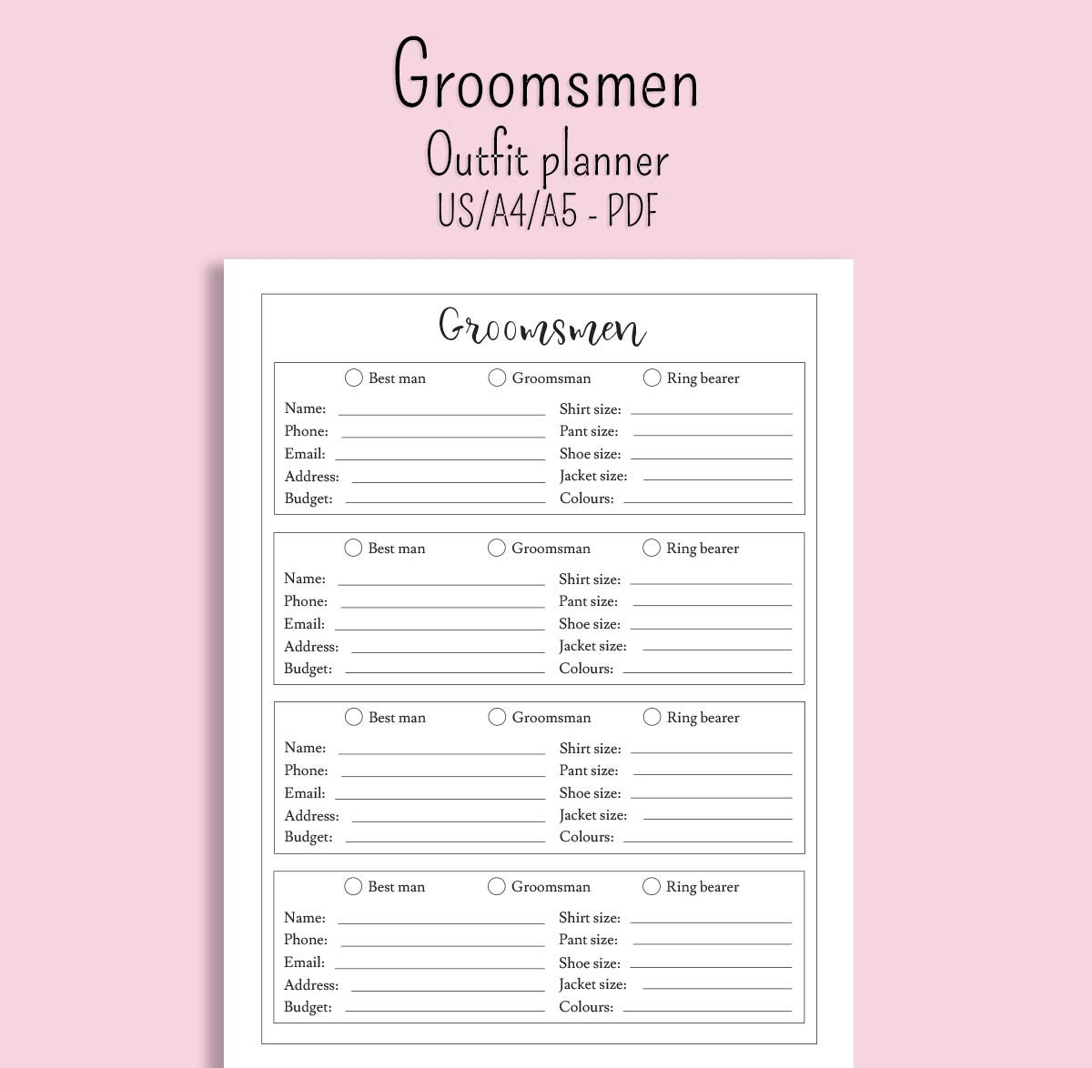 Groomsmen Outfit Planner Printable Sheets US Letter A4 A5 Size Instant Download Etsy