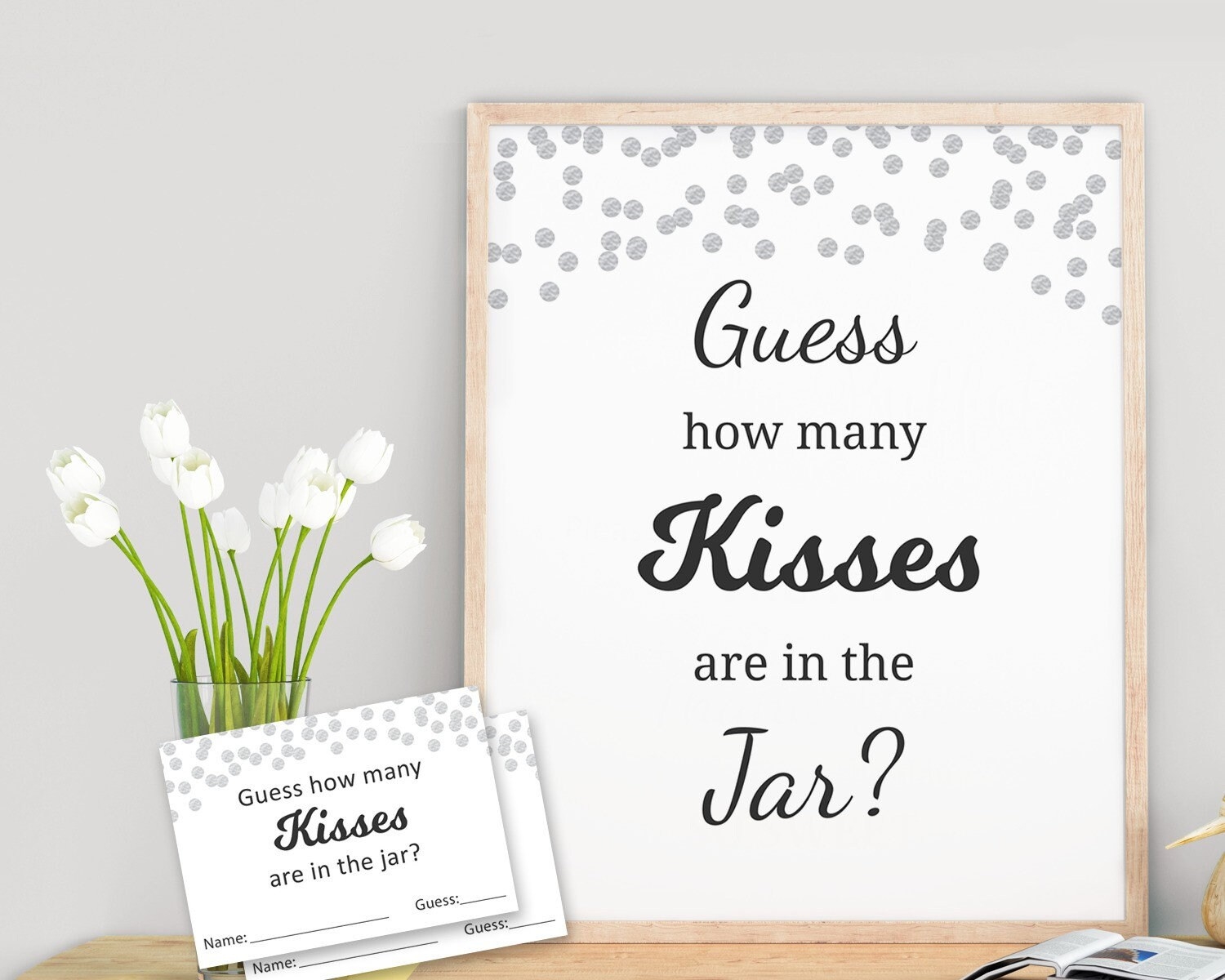 Guess How Many Kisses Are In The Jar Bridal Shower Printable Silver Grey Confetti How Many Kisses Wedding Shower Games Printable A002 Etsy