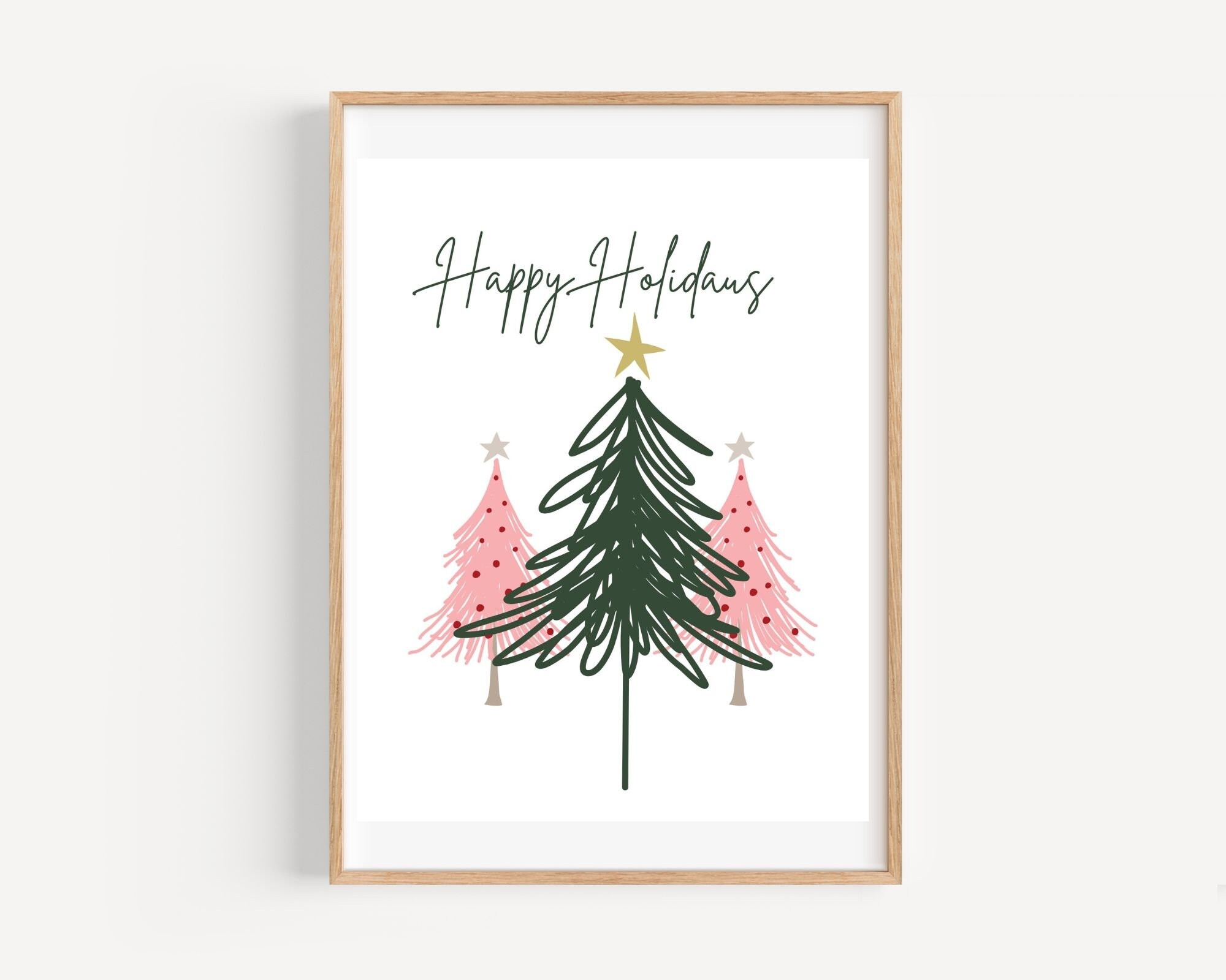 Happy Holidays With Pink And Green Trees Print Printable Wall Art Digital Download Wall Decor Winter Christmas Art Holiday Art Etsy