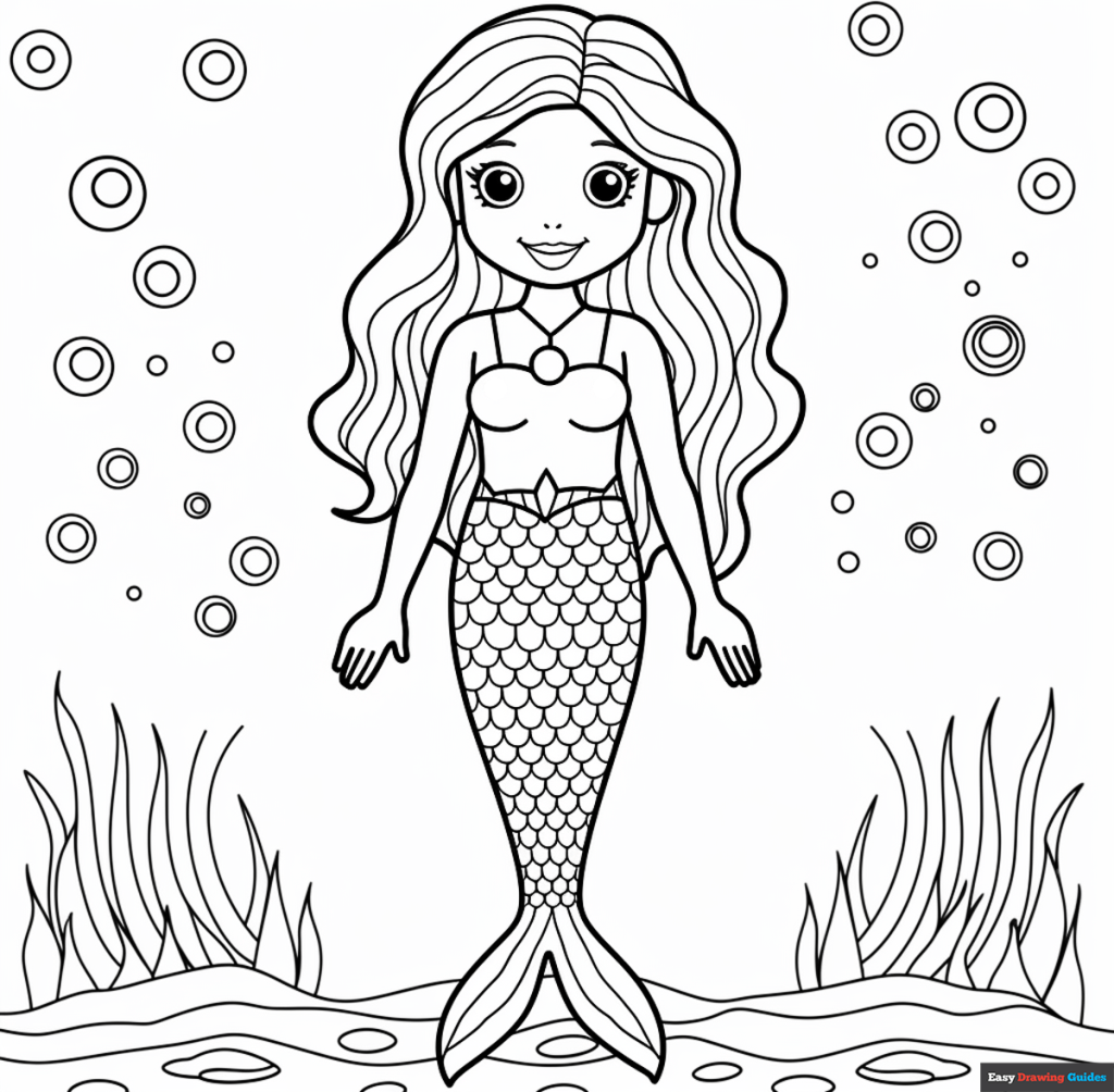Happy Mermaid Coloring Page Easy Drawing Guides