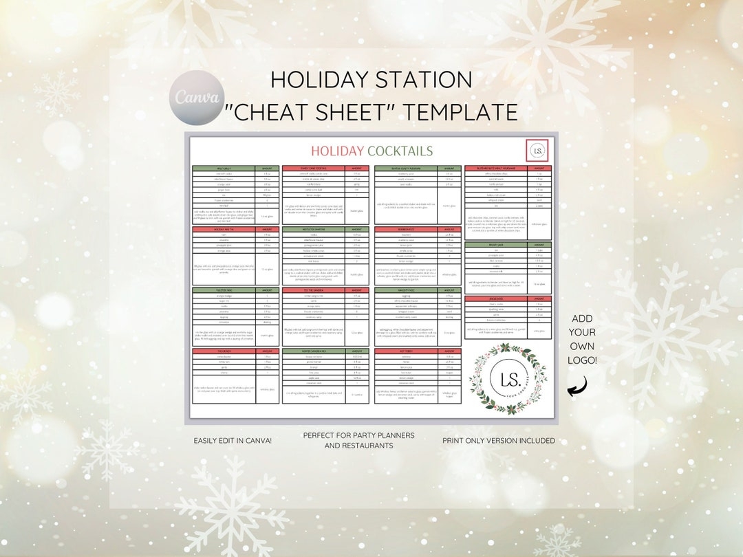 Holiday Recipe Template Cocktail Recipe Template Christmas Party Recipe Sheet Restaurant Recipe Cheat Sheet Bartender Template Etsy