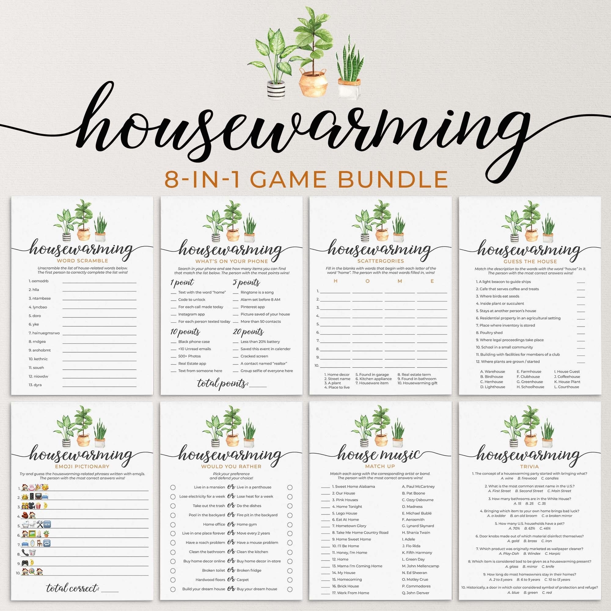 Housewarming Party Games Printable Housewarming Games Greenery New House Party Game Bundle New Homeowner Games New Apartment Party Ideas PL1 Etsy