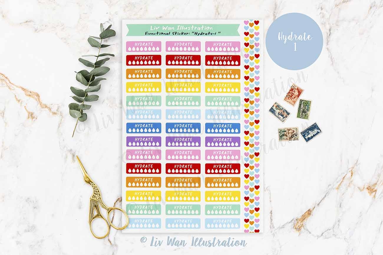 Hydrate Planner Stickers Hydrate 1 Liv Wan Illustration