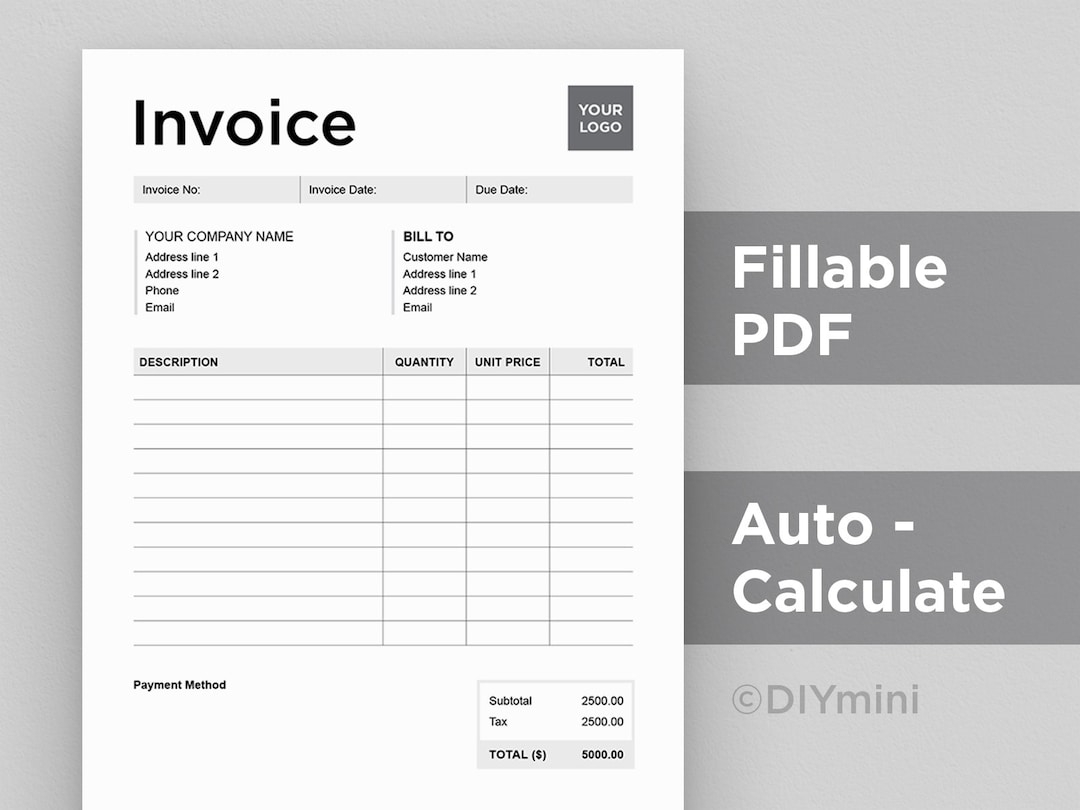 Invoice Template Editable Fillable PDF Template Auto Calculate A4 US Letter Size Instant Download Printable Etsy