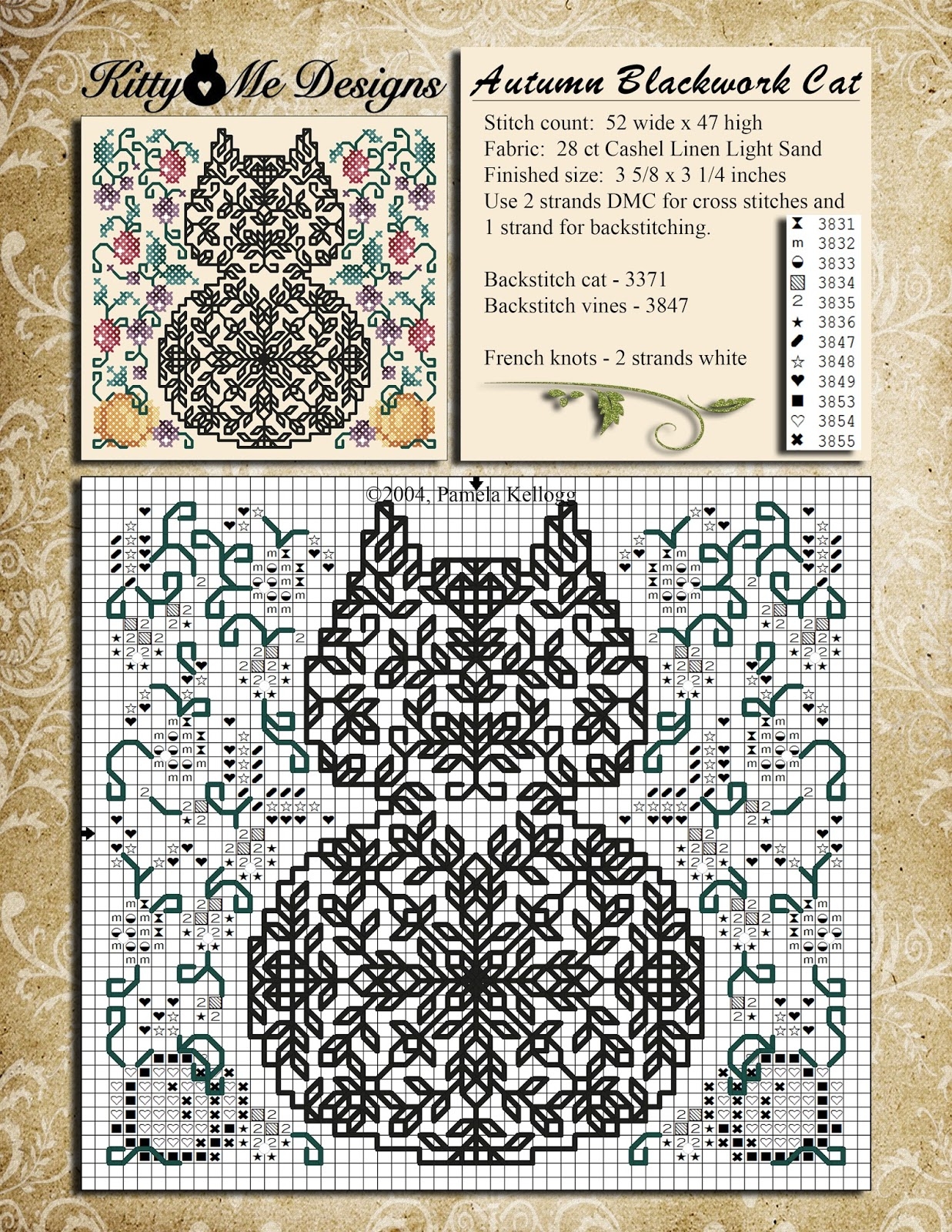 Kitty And Me Designs Autumn Blackwork Cat Free Cross Stitch Pattern