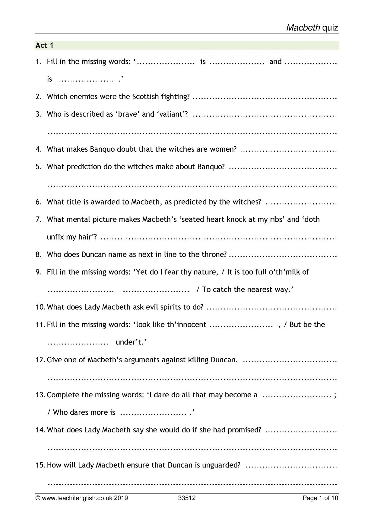 Macbeth Quiz KS4 English Teachit