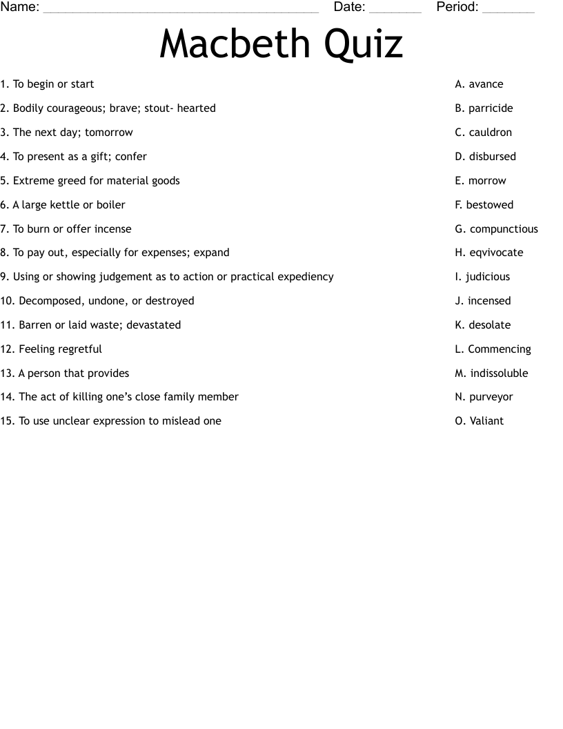 Macbeth Quiz Worksheet WordMint