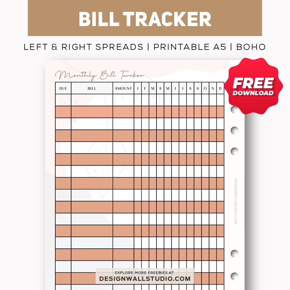 Monthly Bill Tracker Printable Insert A5 Free PDF Download Two Page Layout 2 Versions
