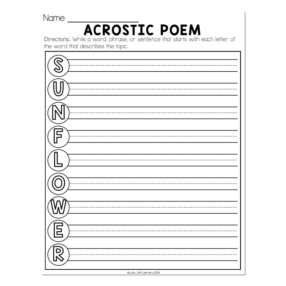 Monthly Writing Centers August Acrostic Poems Sunflower Lucky Little Learners