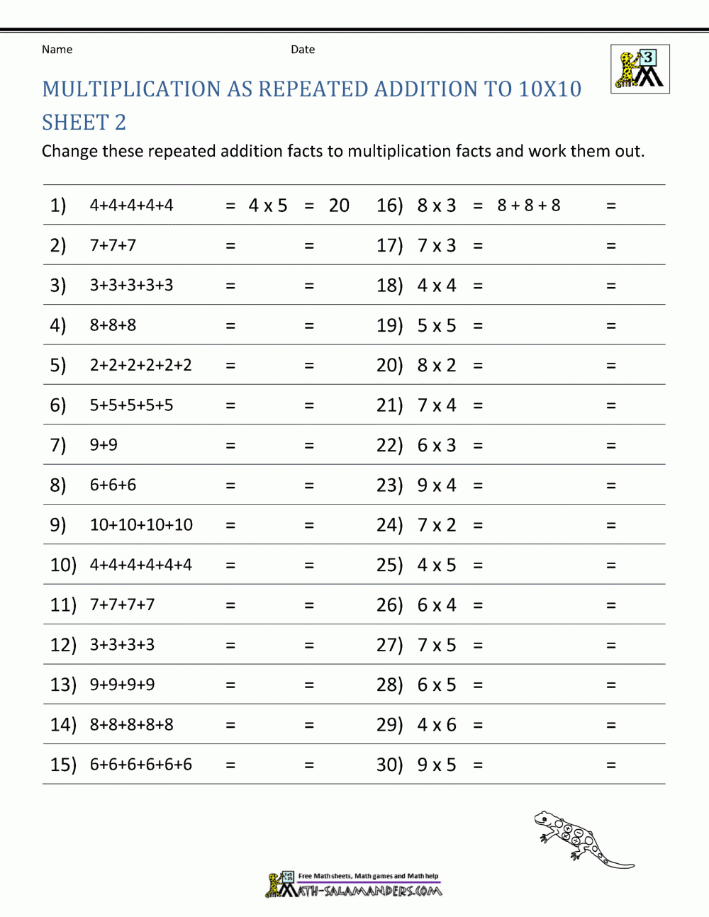 Multiplication Facts Free Printable