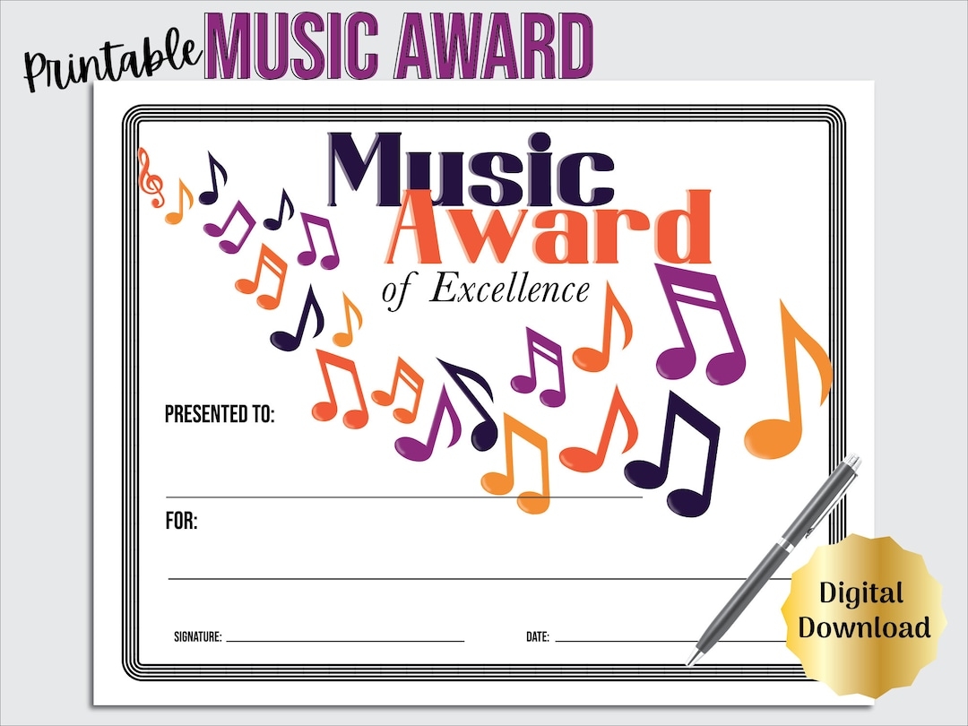 Music Award Certificate Printable For Music Teacher Or Music Contest Music Award Template Includes Editable PDF Etsy
