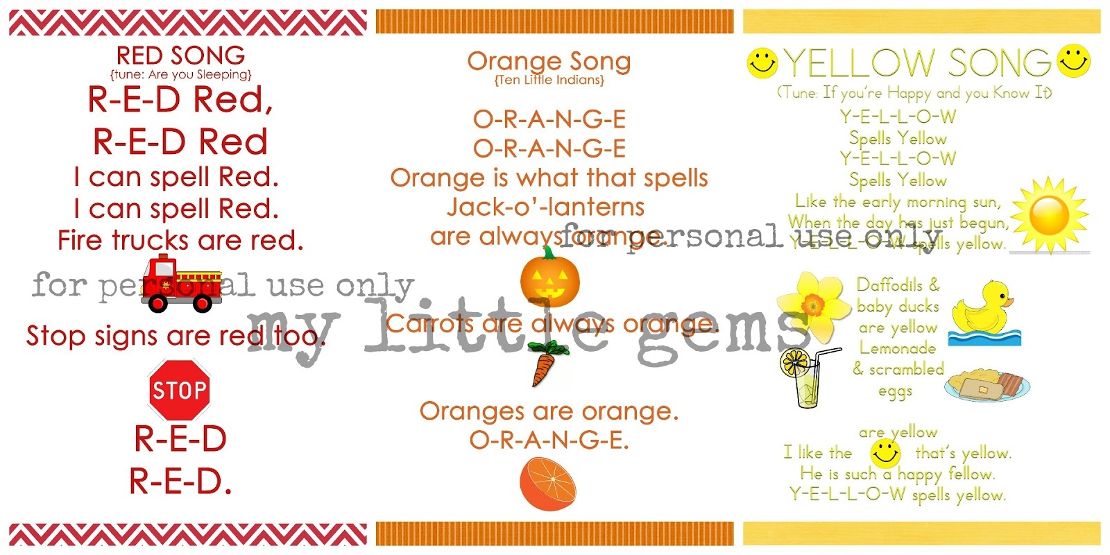 My Little Gems Preschool Color Songs Free Printables Part One 
