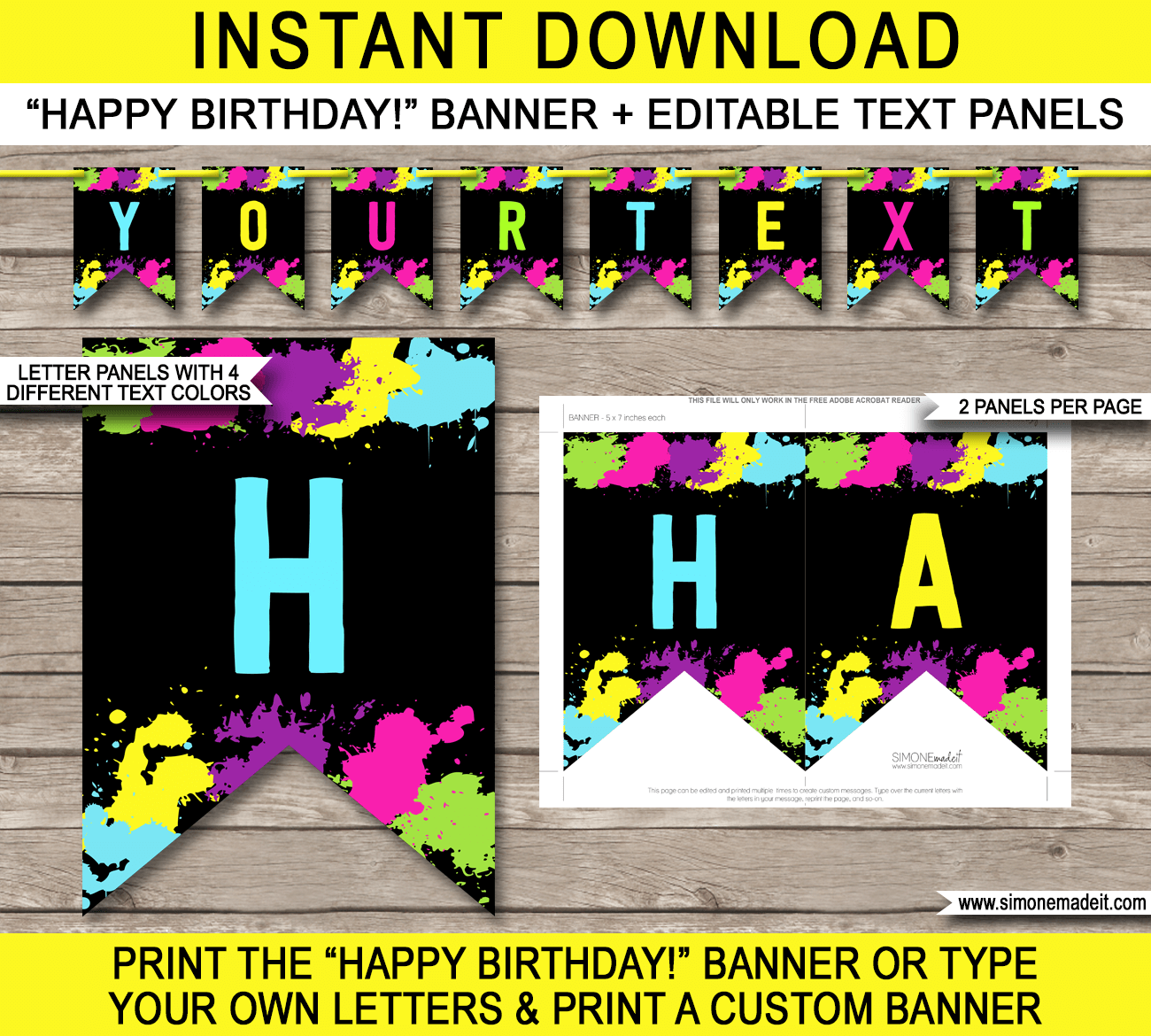 Neon Glow Party Pennant Banner Template Happy Birthday Banner