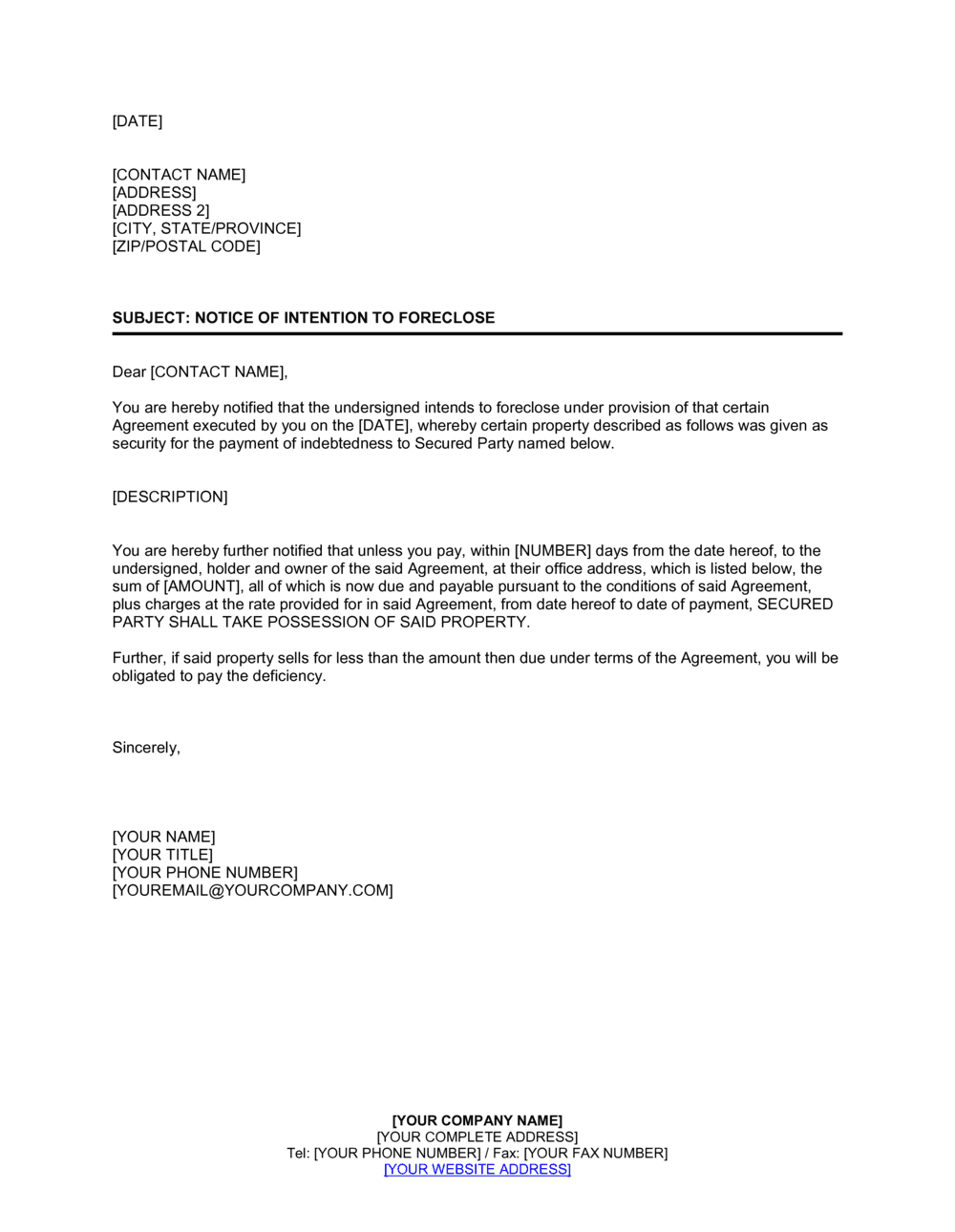 Notice Of Intention To Foreclose Template Download 