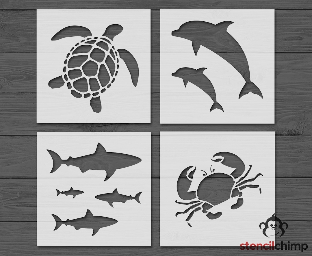 Ocean Animal Stencil Bundle Sea Turtle Dolphins Shark And Crab Reusable And Vinyl Stencils 4 In One Kid Stencil For Wood Sign Etsy