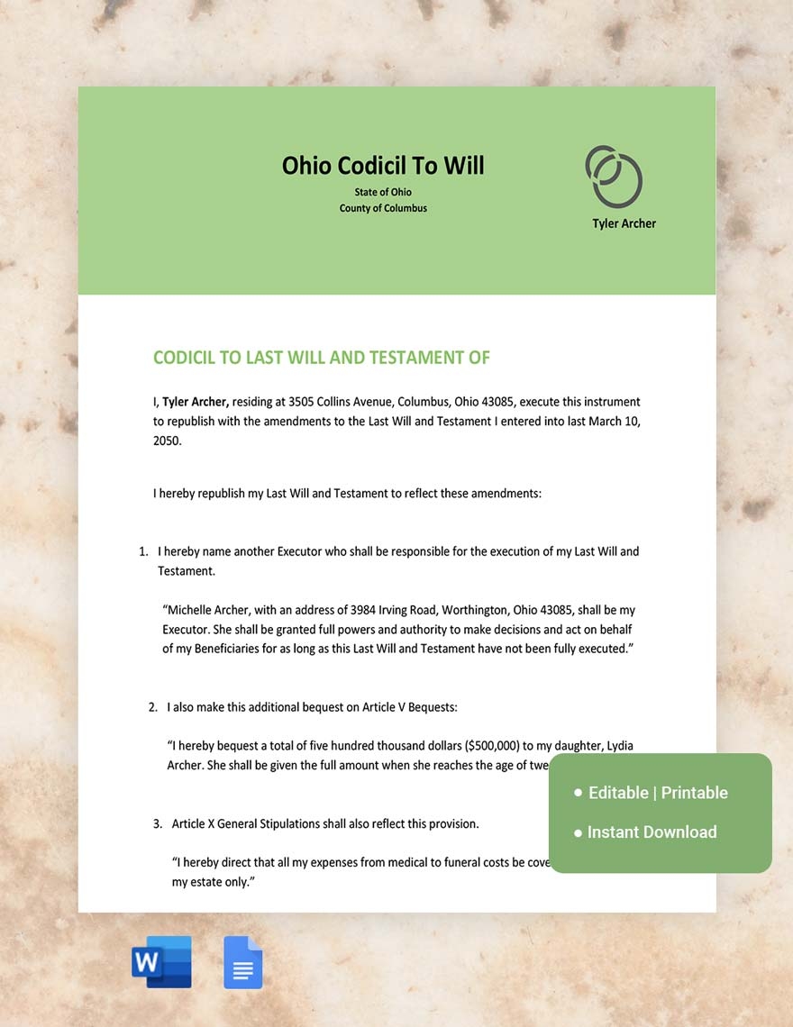 Ohio Codicil To Will Template In Google Docs Word Download Template