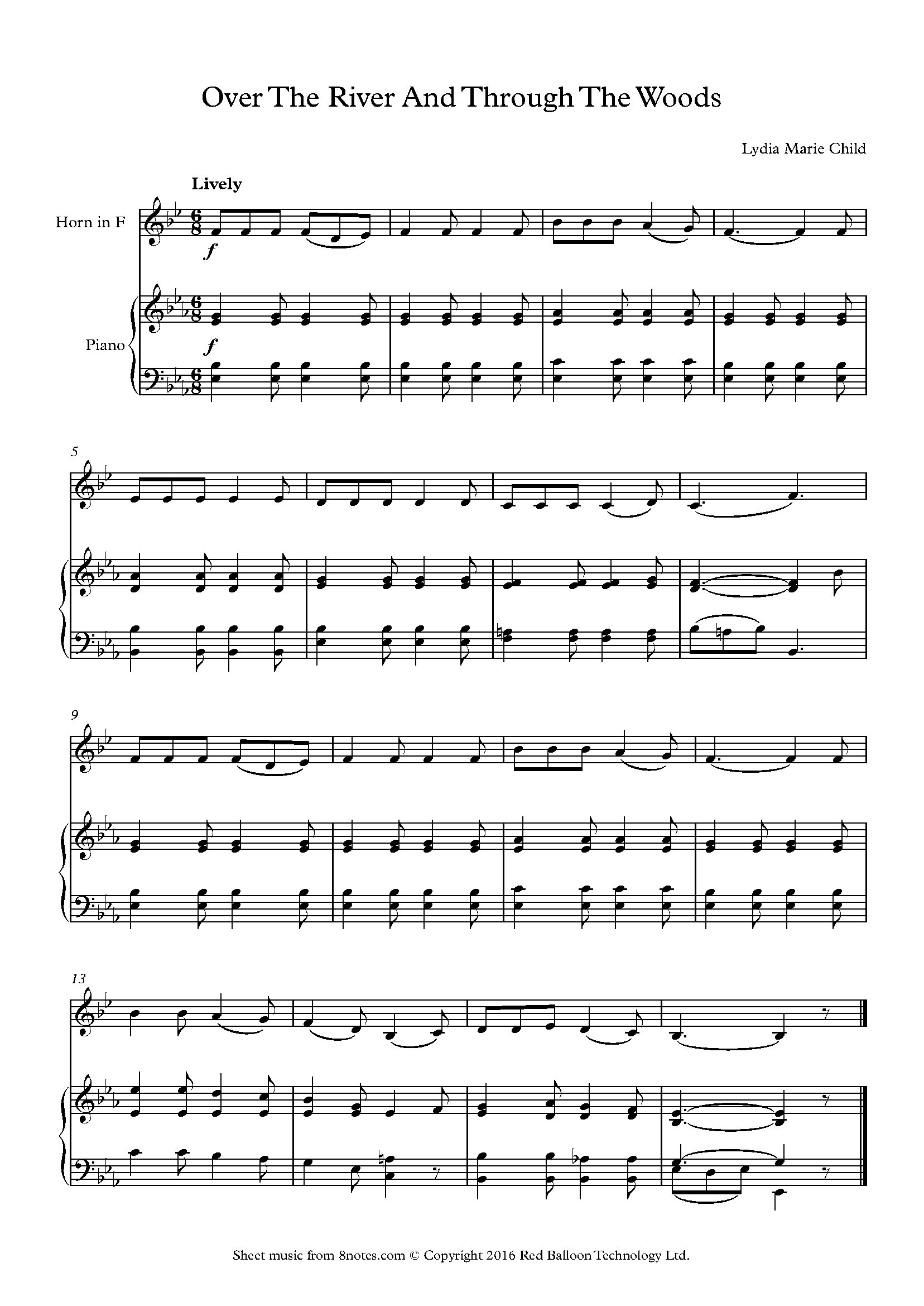 Over The River And Through The Woods Thanksgiving Song For French Horn Free Sheet Music For French Horn 8notes