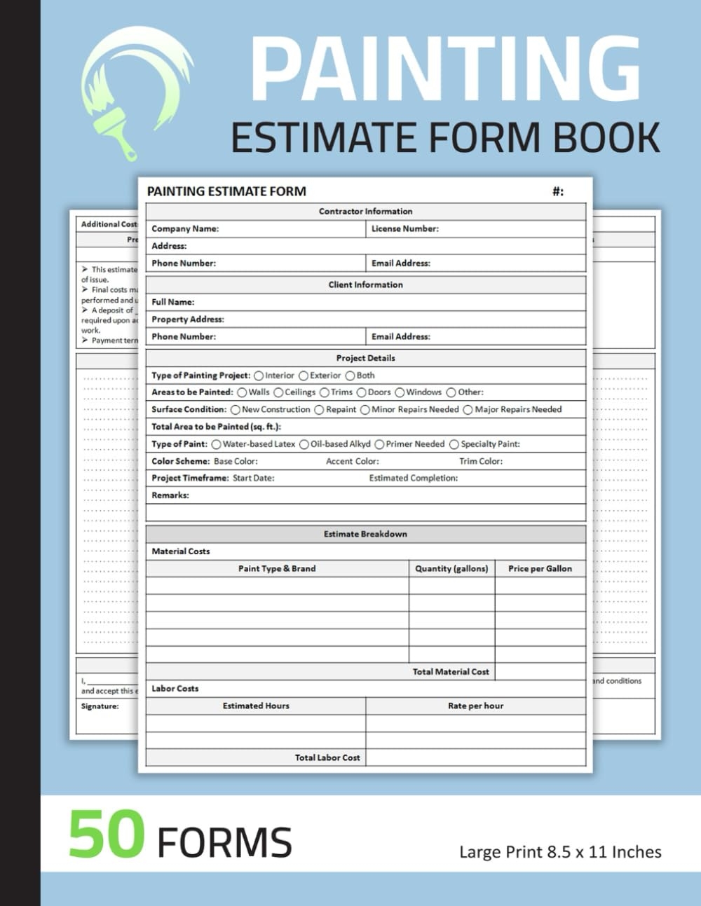 Painting Estimate Form Book Painter Estimating Sheets Painting Contractor Proposal Forms 100 Pages 50 Forms Publishing Lhbri Ha Amazon Books