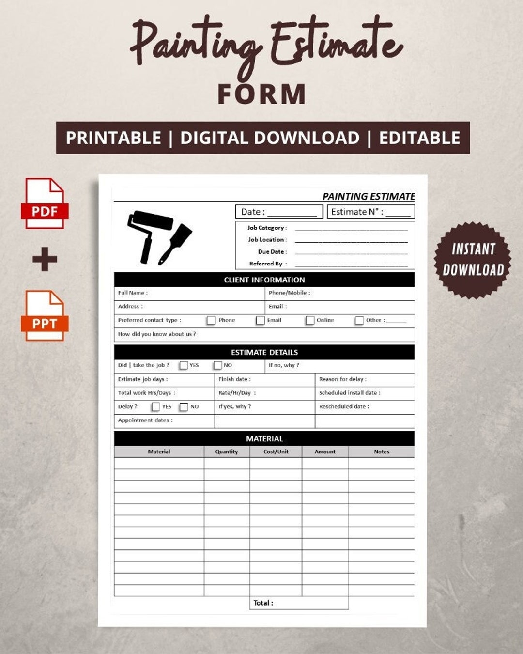 Painting Estimate Form Painter Estimating Sheets Printable Job Estimate Quote Template Personalized Painting Work Order Etsy
