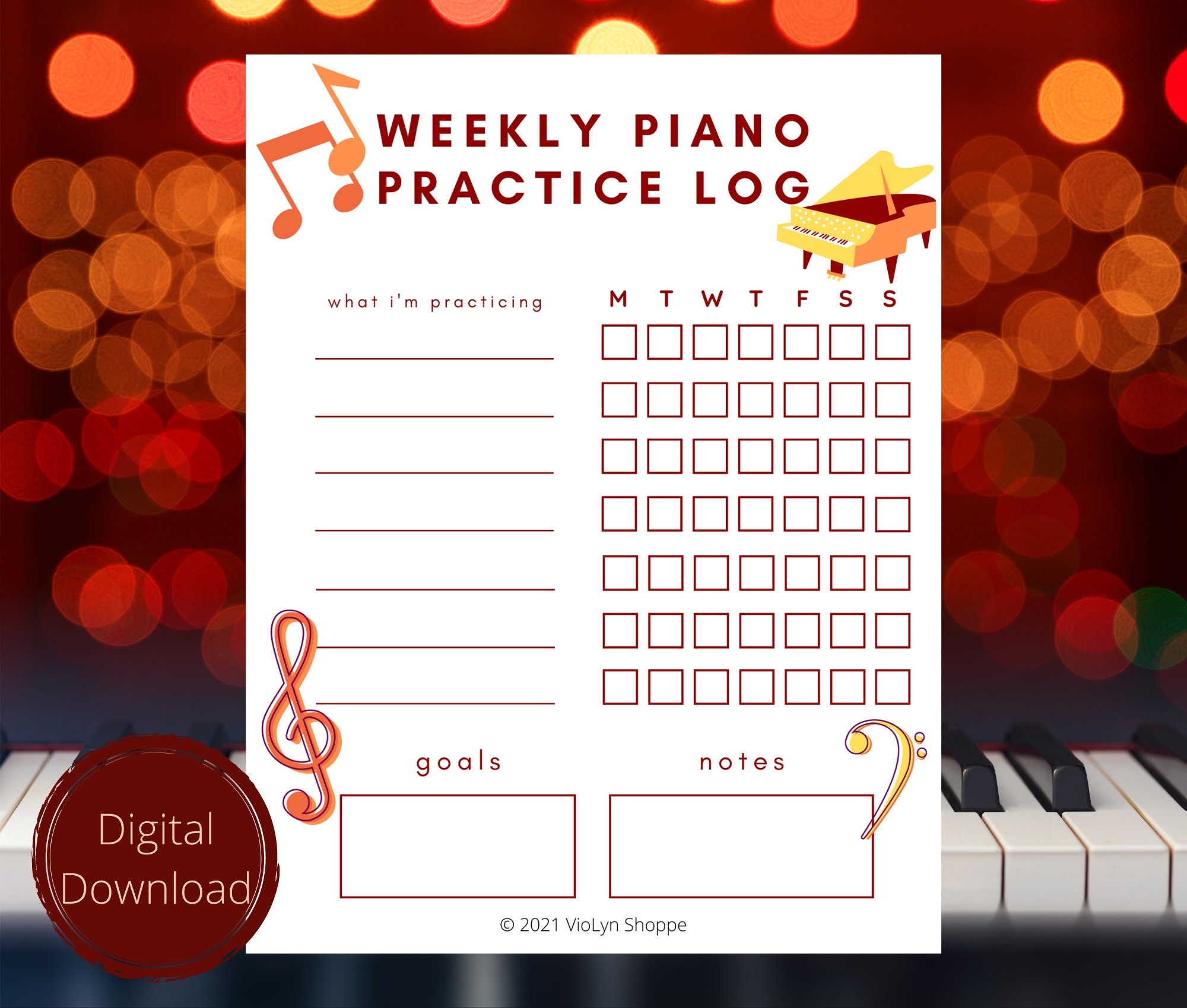 Piano Weekly Practice Chart Printable Practice Charts For Music Students And Teachers Etsy