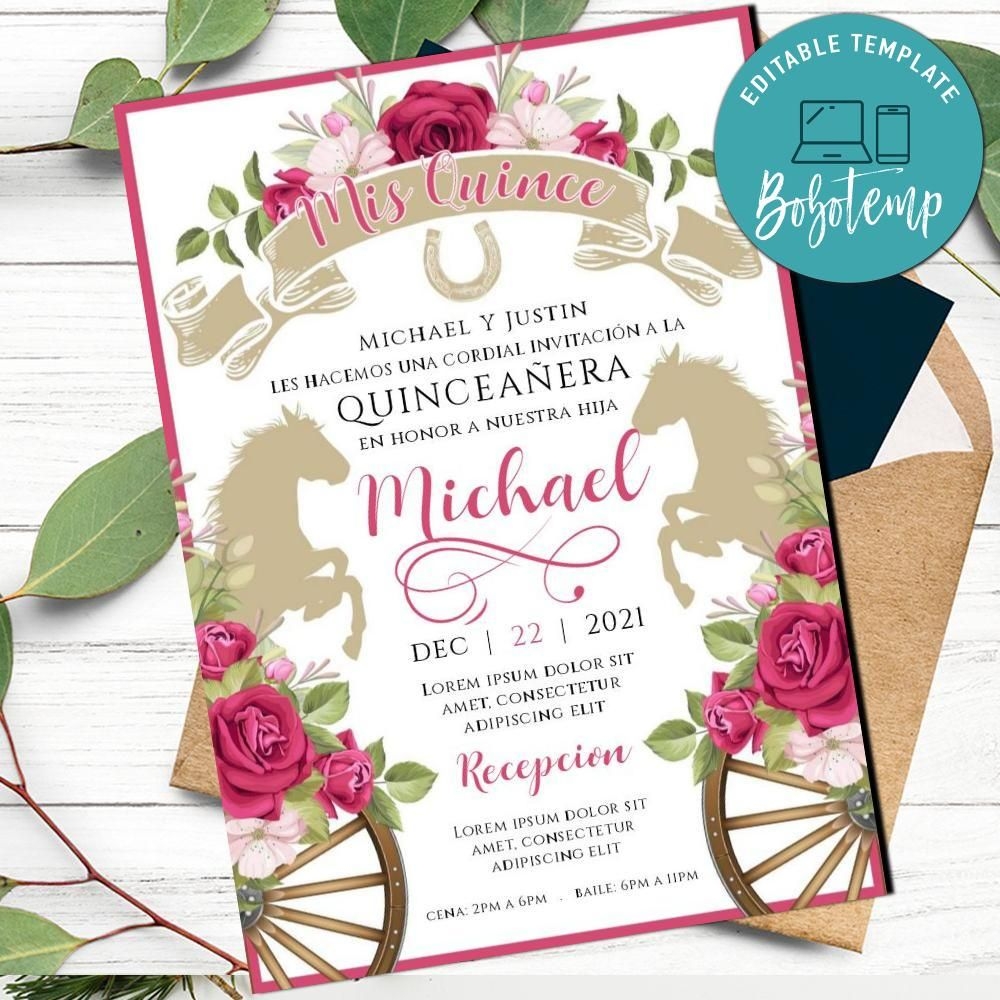 Pink Roses Western Quinceanera Invitation Printable DIY Bobotemp