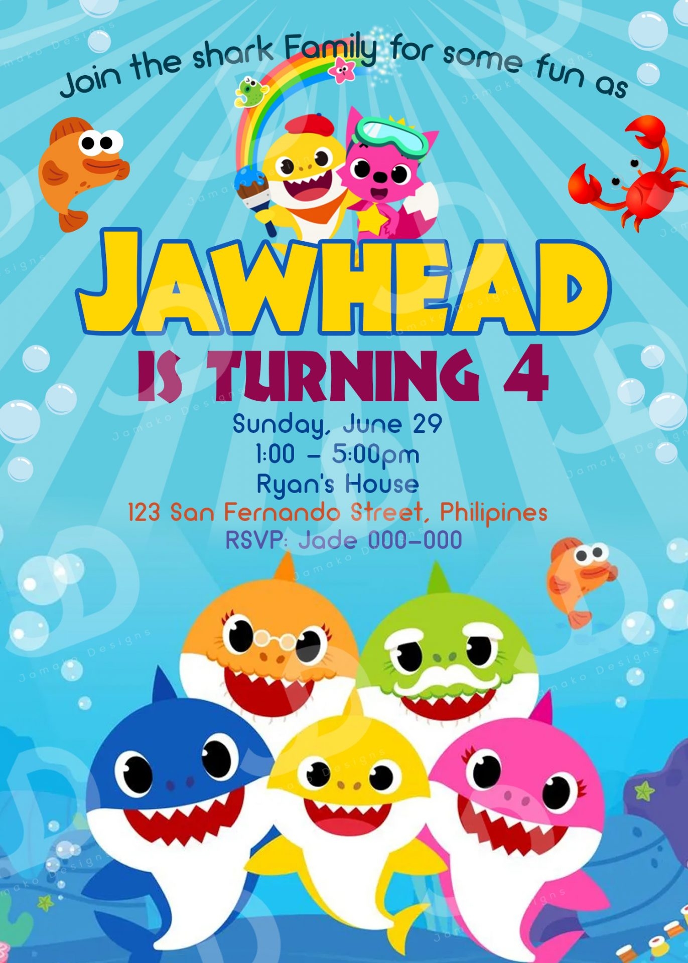 Pinkfong Baby Shark Birthday Invitation Printable 4 X 6 Or 5 X 7 Jamakodesigns
