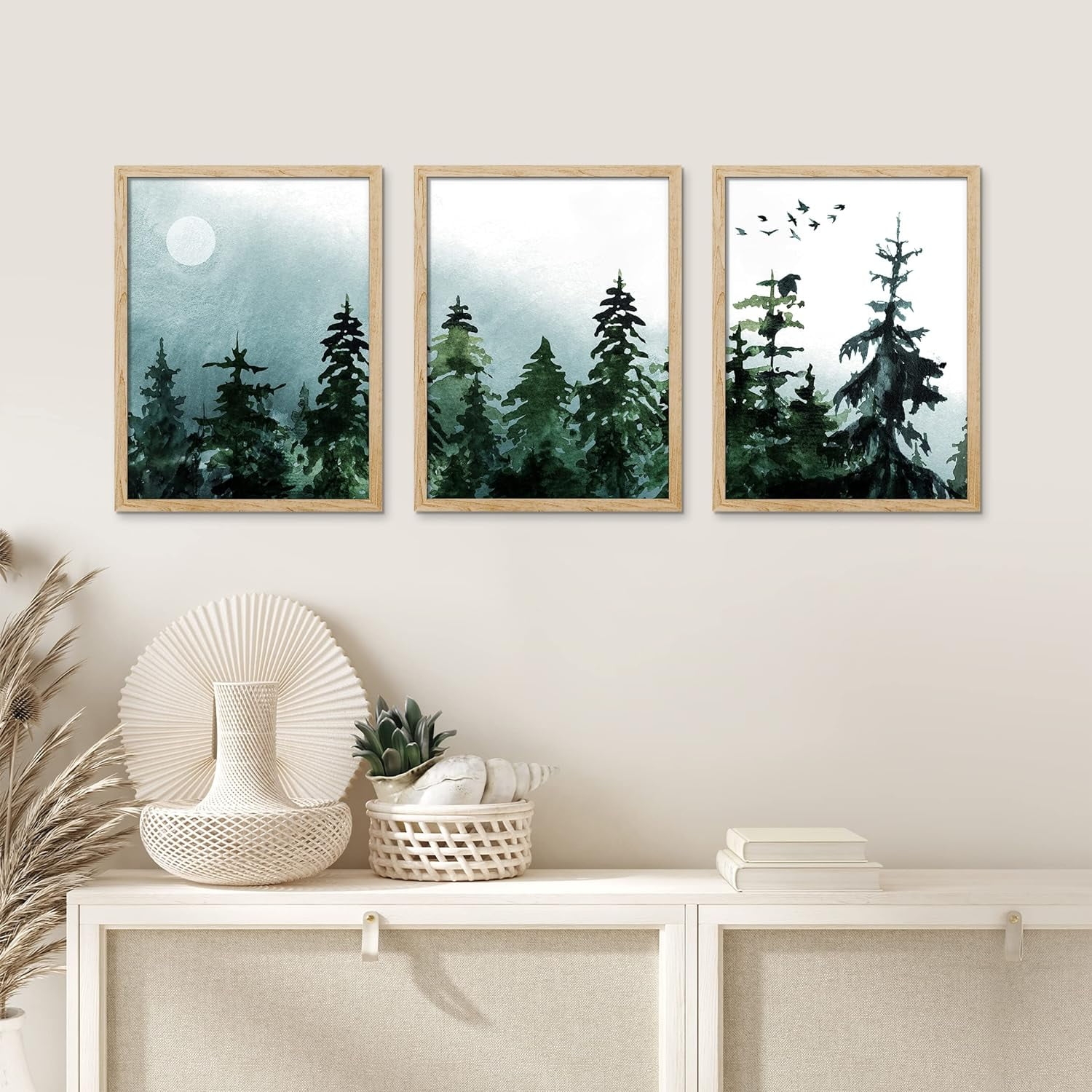 PixonSign Framed Canvas Print Wall Art Set Watercolor Pine Tree Mountain Range Forest Art Set Of 3 Nature Wilderness Landscape Wall D cor For Living Room Bedroom 12 x16 x3 Panels Natural Walmart
