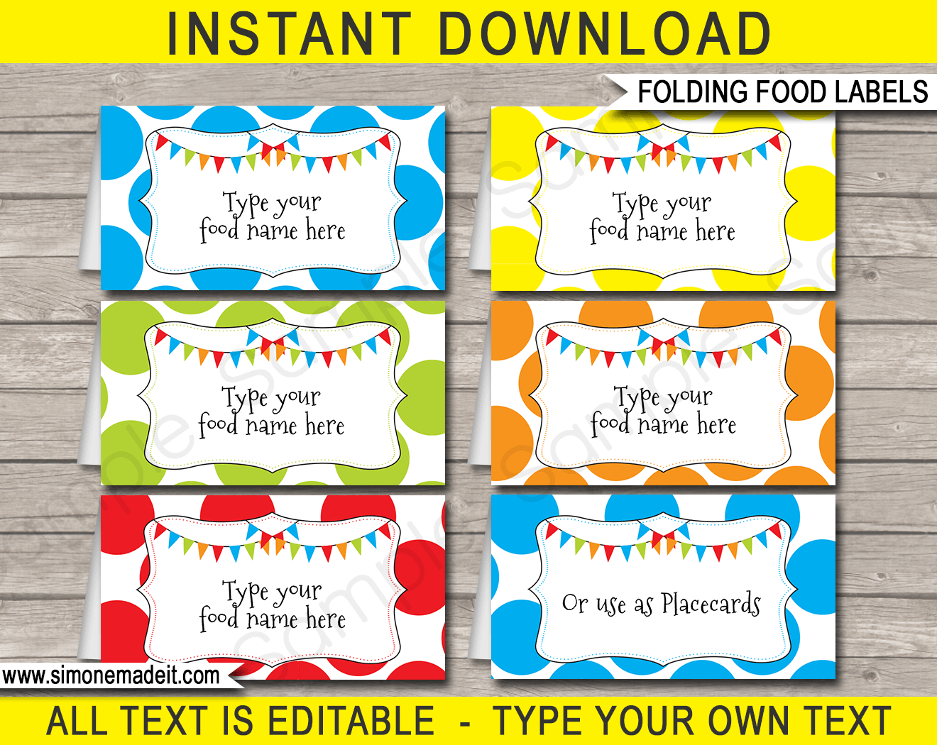 Polkadot Food Labels Template Place Cards Colorful Rainbow Theme