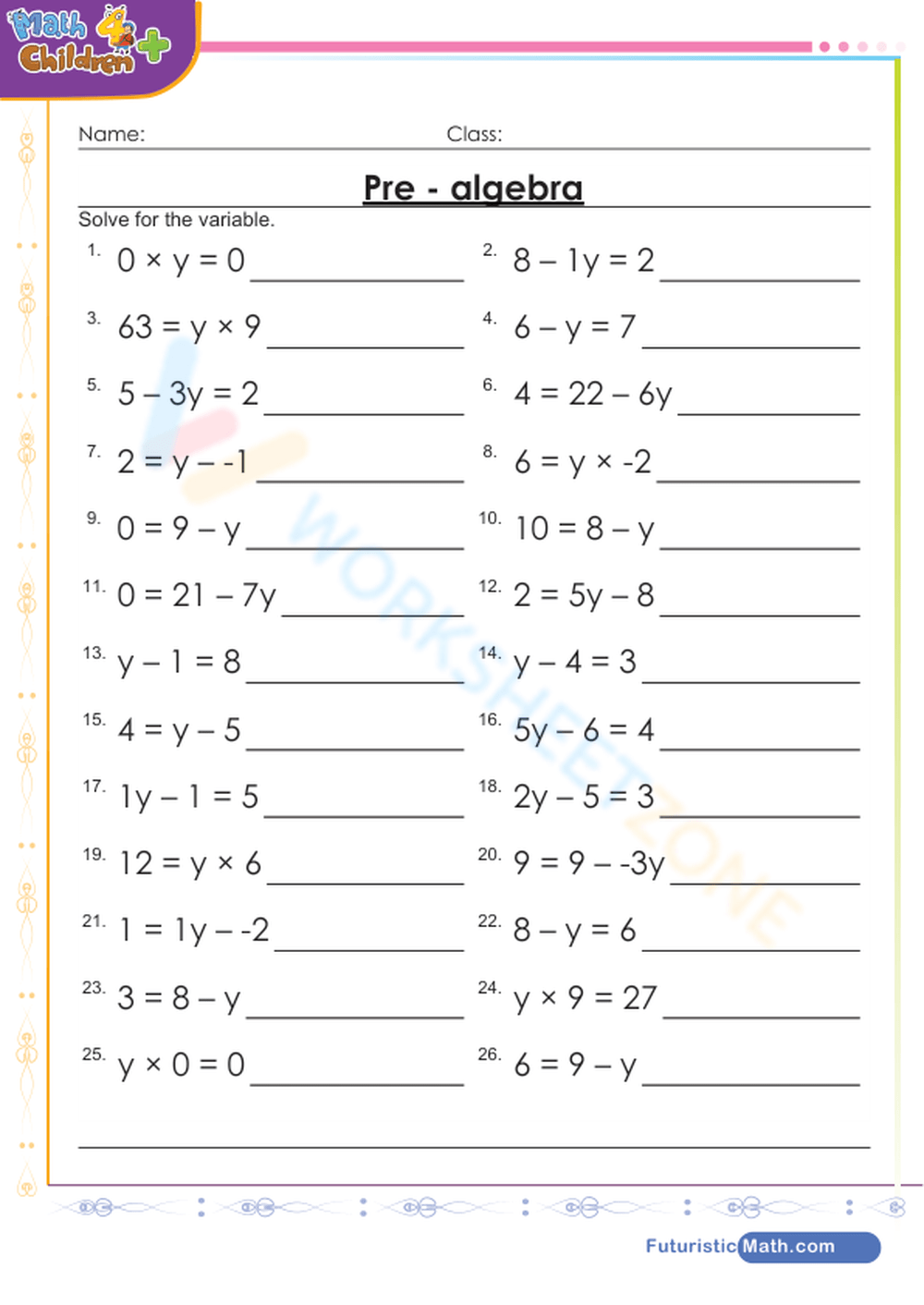 Pre algebra Worksheet