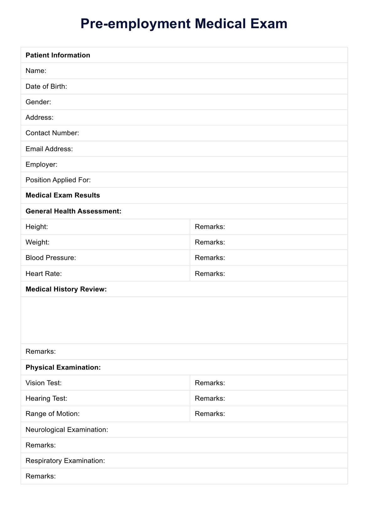 Pre employment Medical Exam Example Free PDF Download