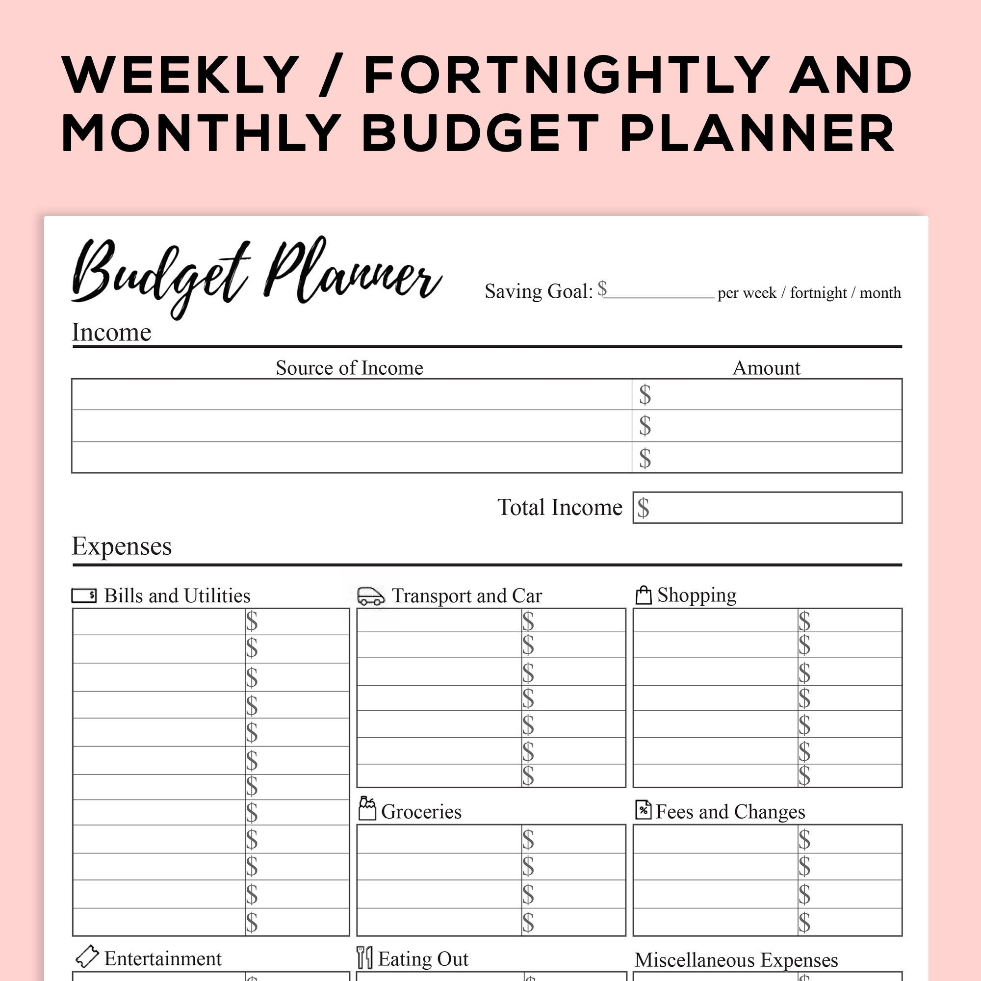 Printable Budget Planner For Weekly Fortnightly And Monthly Use Expense Income And Saving Tracker Budget Sheet With Notes Etsy