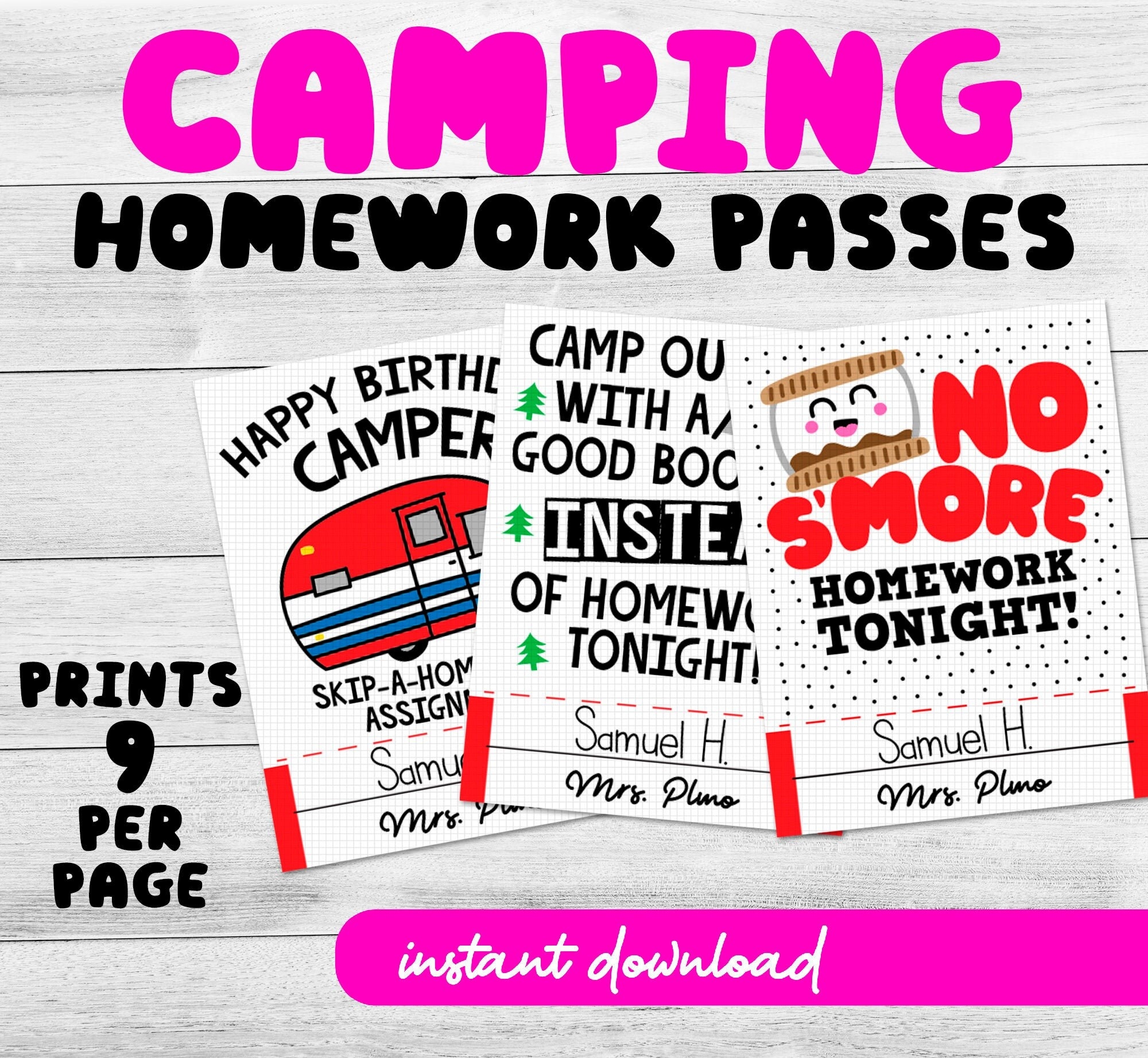 Printable Camping Themed Homework Passes DIGITAL DOWNLOAD Etsy