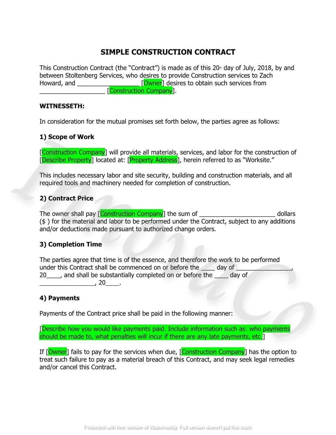 Free Printable Construction Contract