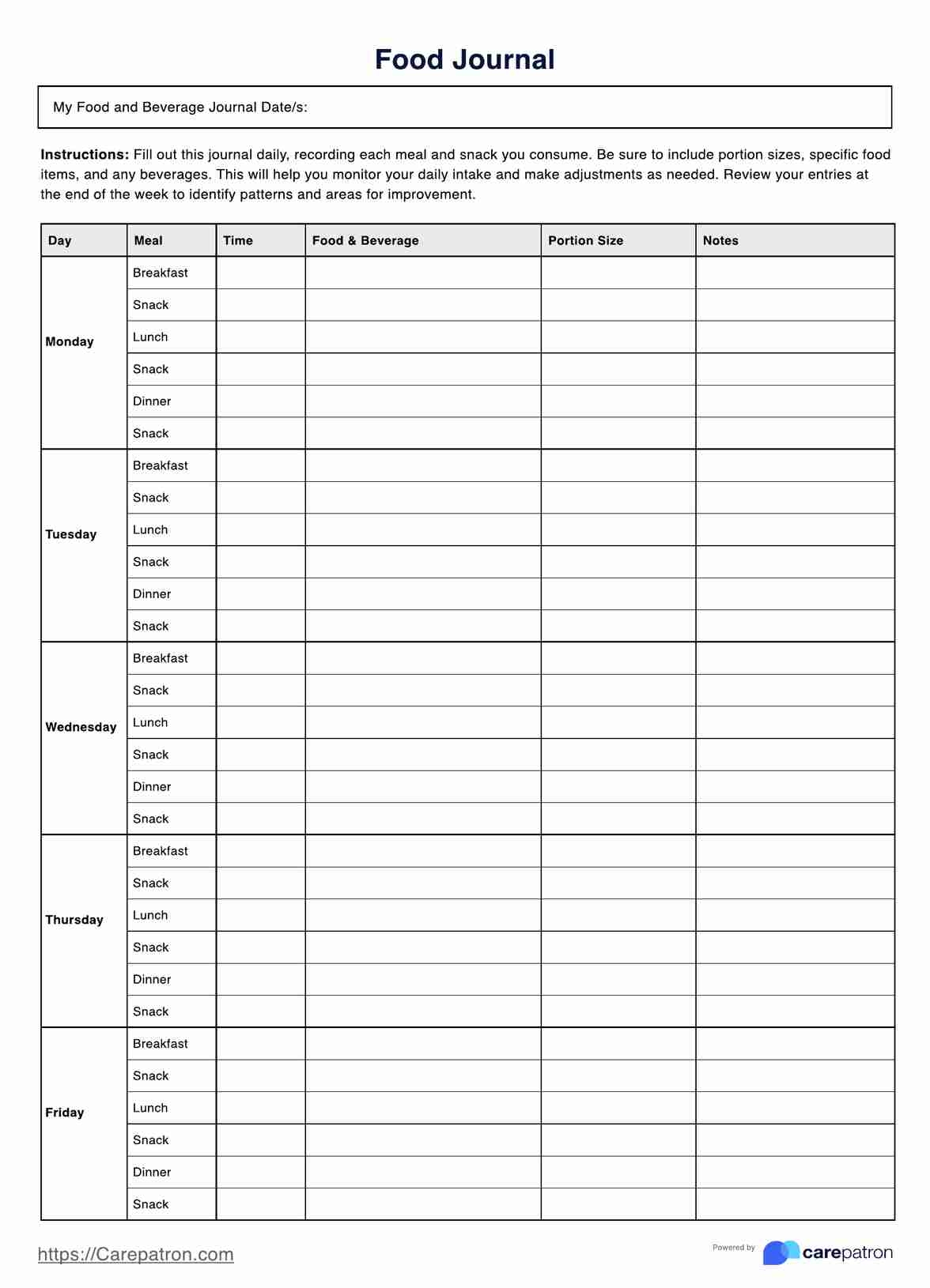 Food Journal Free Printable
