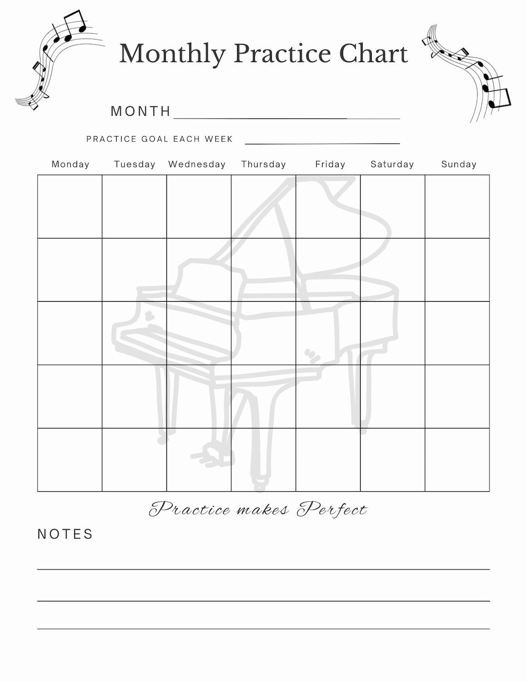 Printable Monthly Music Lesson Piano Practice Chart Student Instrument Log Band Teacher Planner Voice Lesson Instant Digital Download Etsy