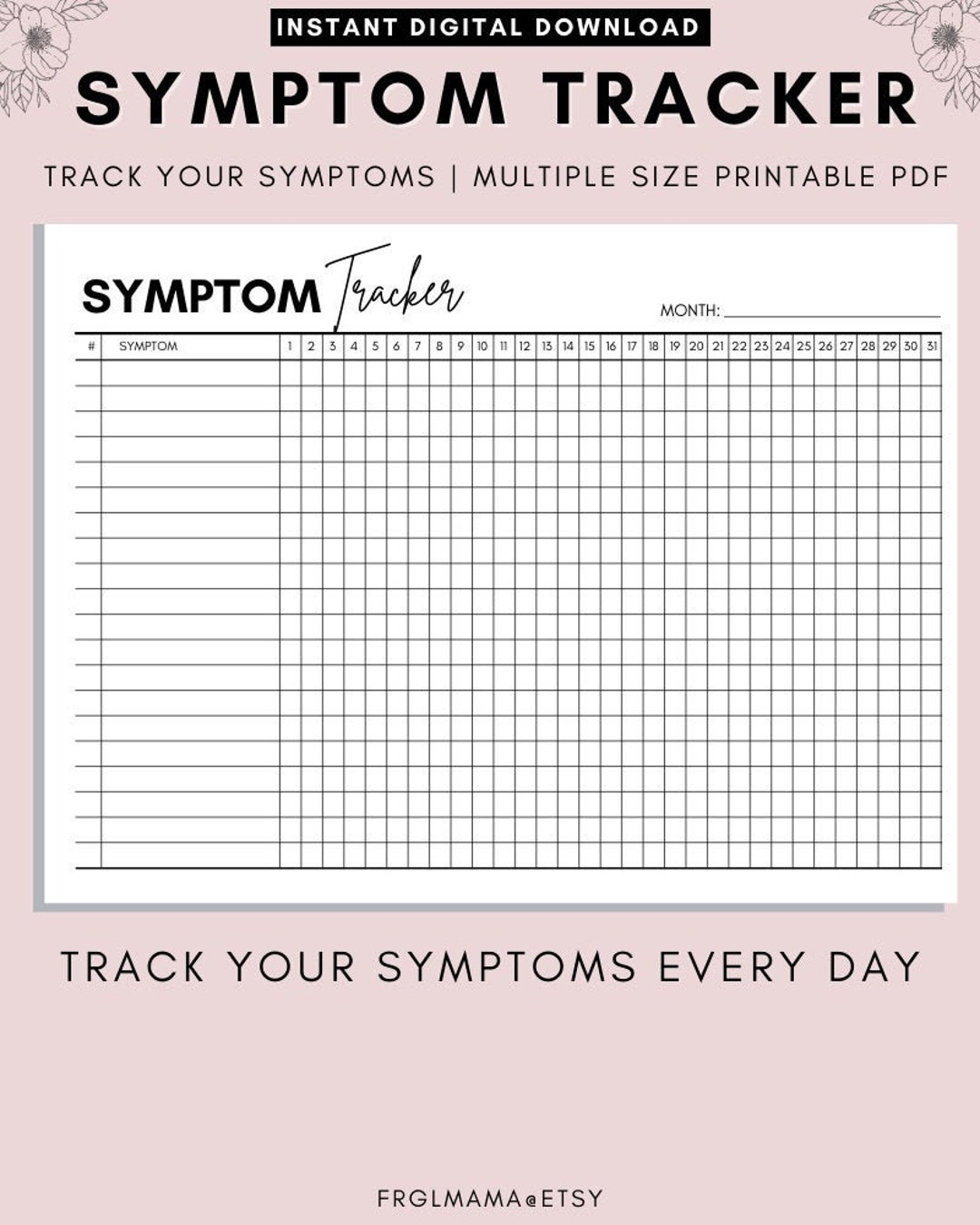 Printable Monthly Symptom Tracker Chart Monthly Symptom Frequency Severity Instant Download A4 A5 LETTER PDF Etsy