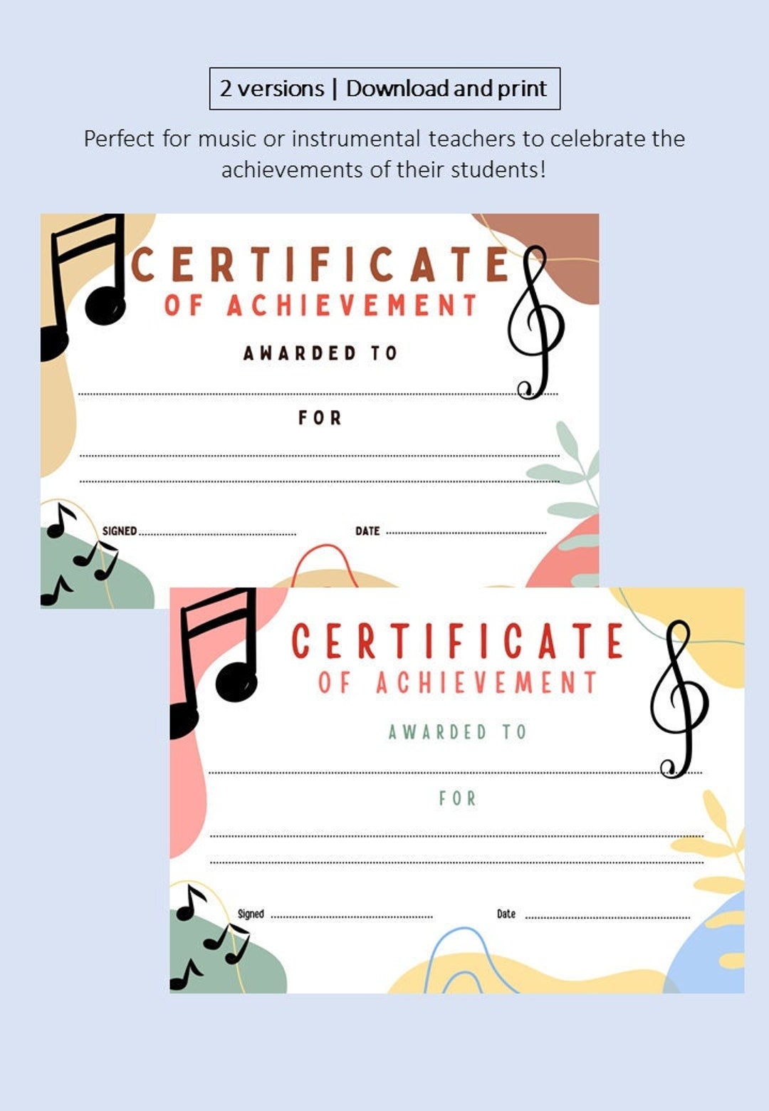 Printable Music Certificate Of Achievement Etsy