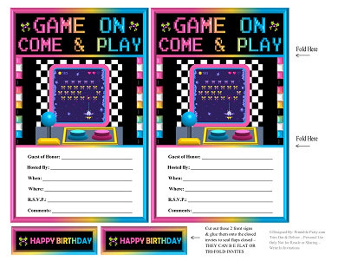 Printable PDF Party Invitations Write In Arcade Video Game Retro 80 s 90 s Pink Blue Yellow Etsy