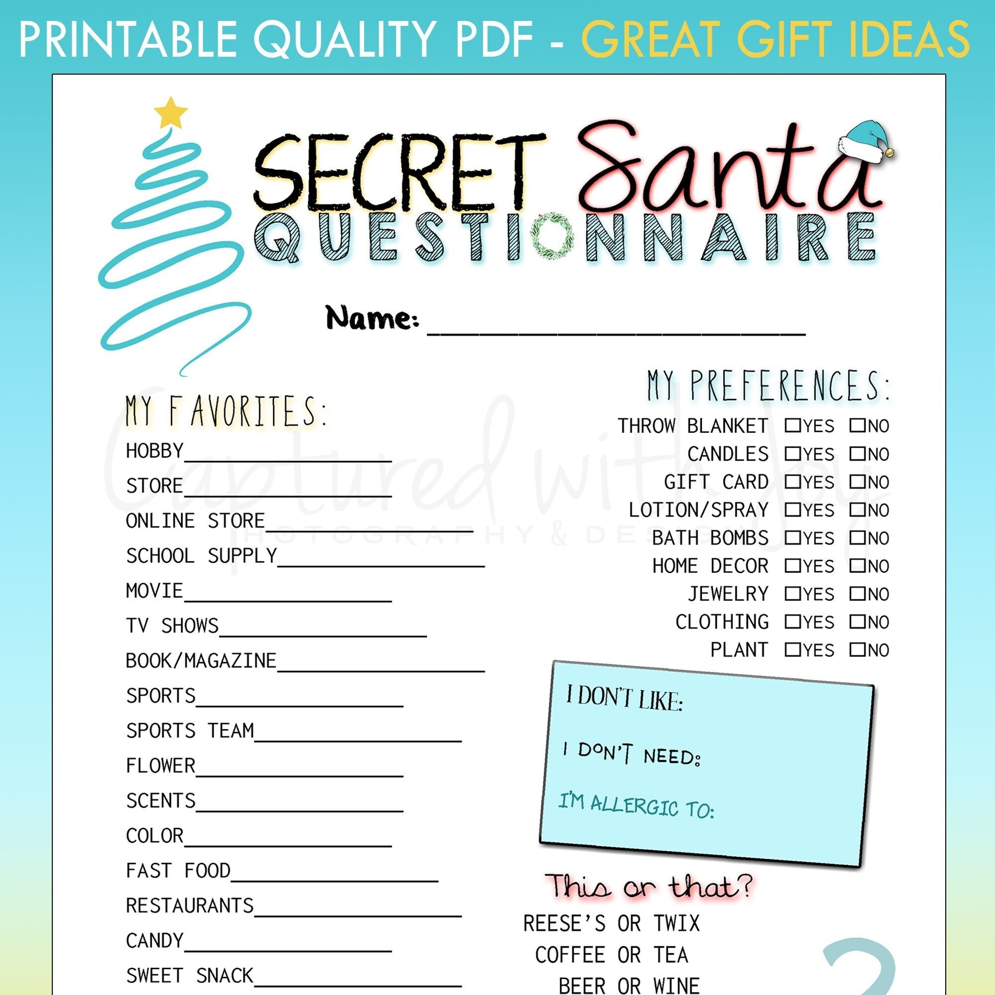 Printable Secret Santa Questionnaire For Gift Exchange Work Or Personal Etsy