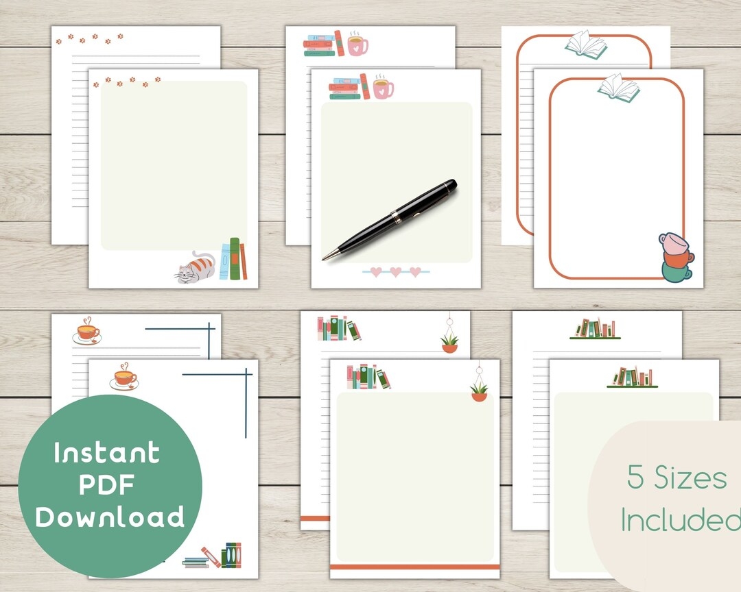 PRINTABLE Stationery Paper Instant PDF Download Books Reading Pen Pals Kids Teacher Notes Stationary Letter Writing Line Etsy