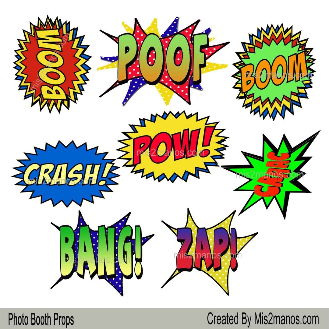 Printable Super Hero Comic Book Photo Booth Props Instant Download Action Bubbles Superhero 5 Inches Wide Etsy