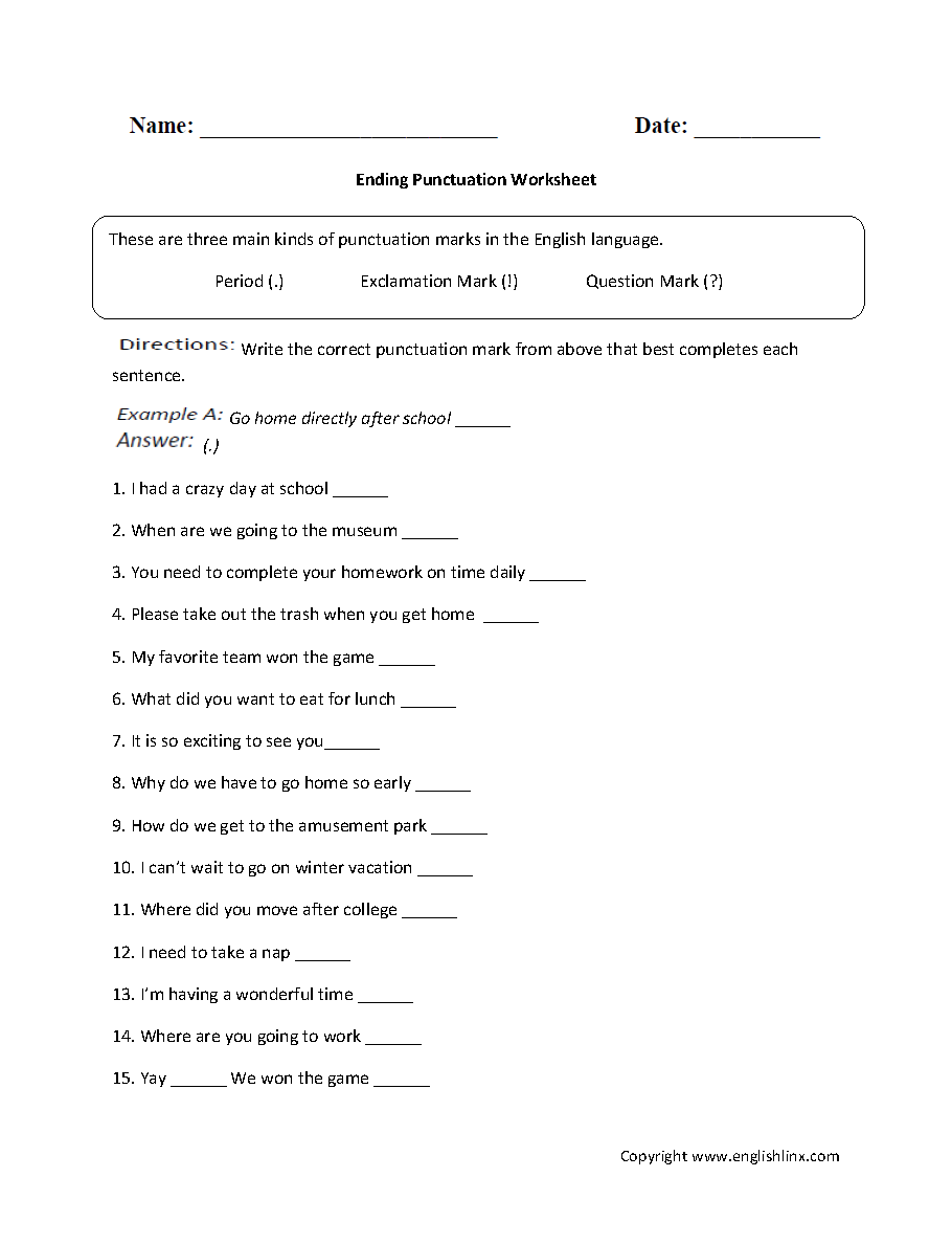 Punctuation Worksheets Ending Punctuation Worksheets