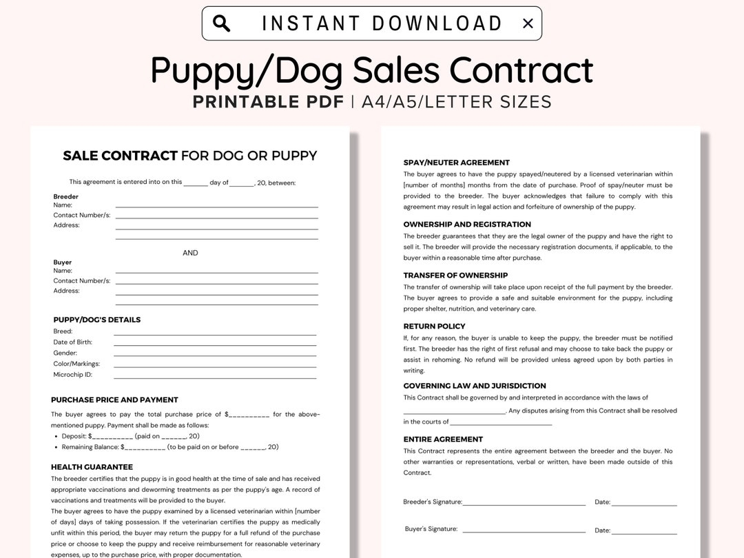 Puppy Sales Contract Pritable Puppy Deposit Contract Puppy Sale Contract Editable Puppy Contract Template Canva PDF Etsy