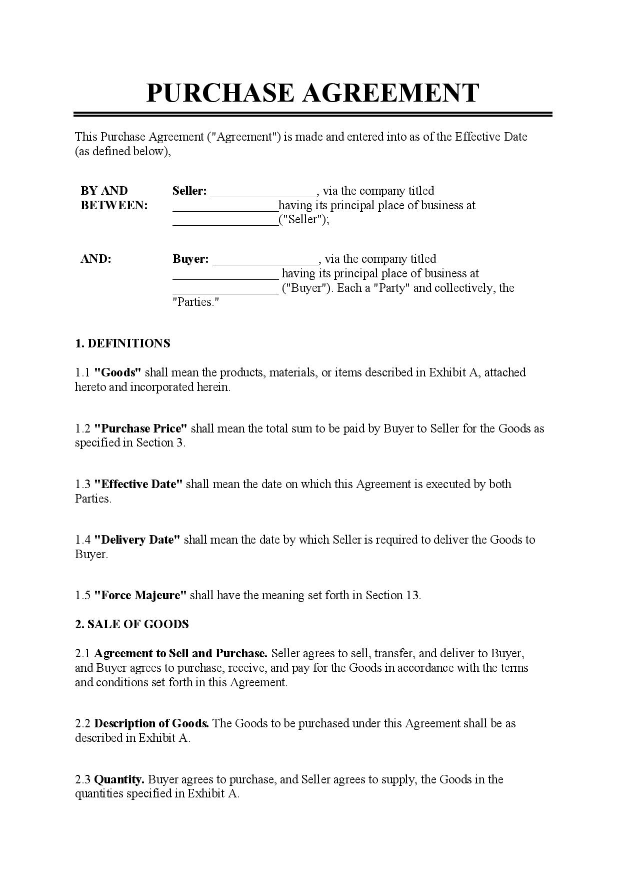 Purchase Agreement Template Free Download Easy Legal Docs