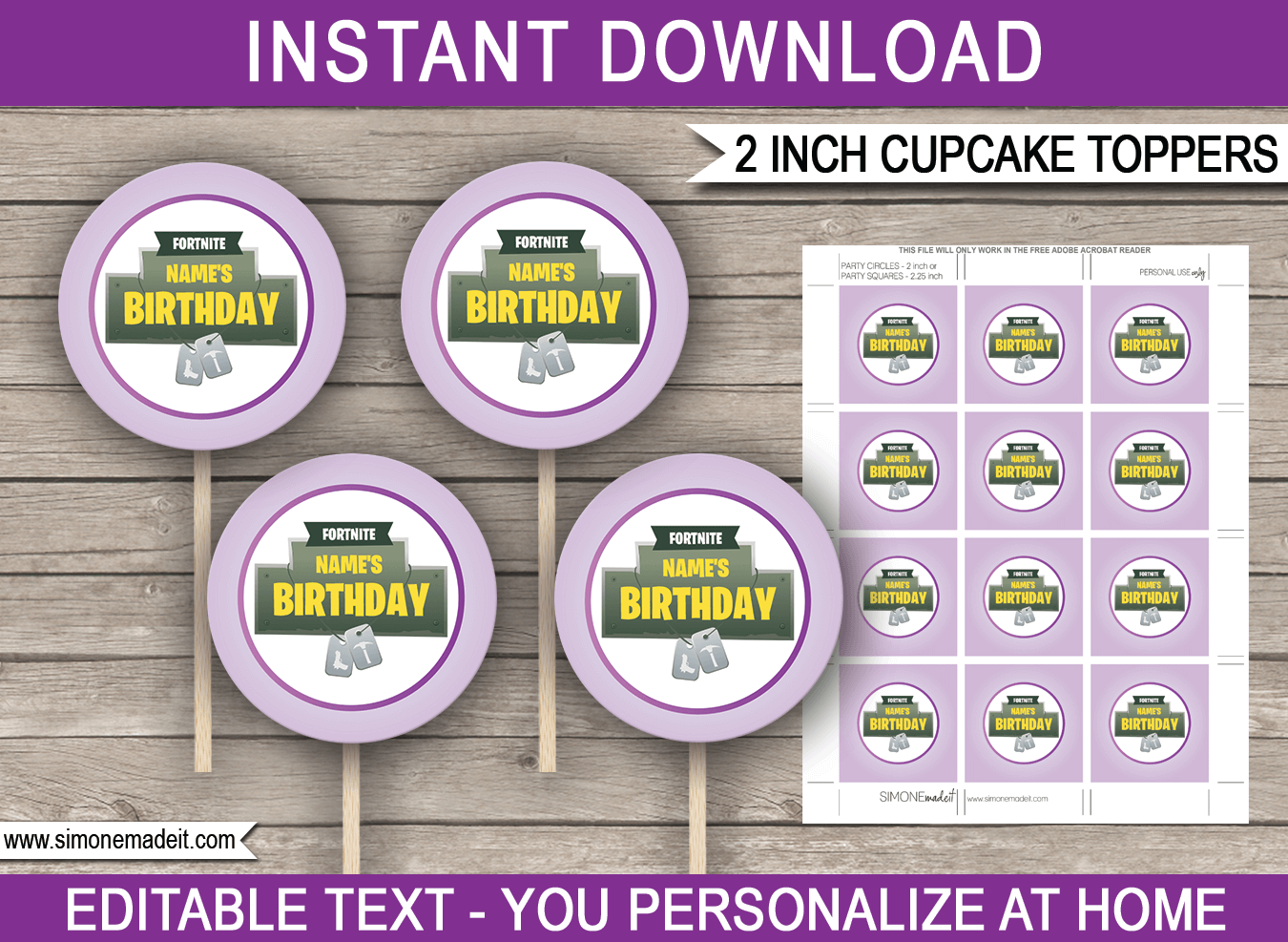 Purple Fortnite Party Cupcake Toppers Template Printable Template