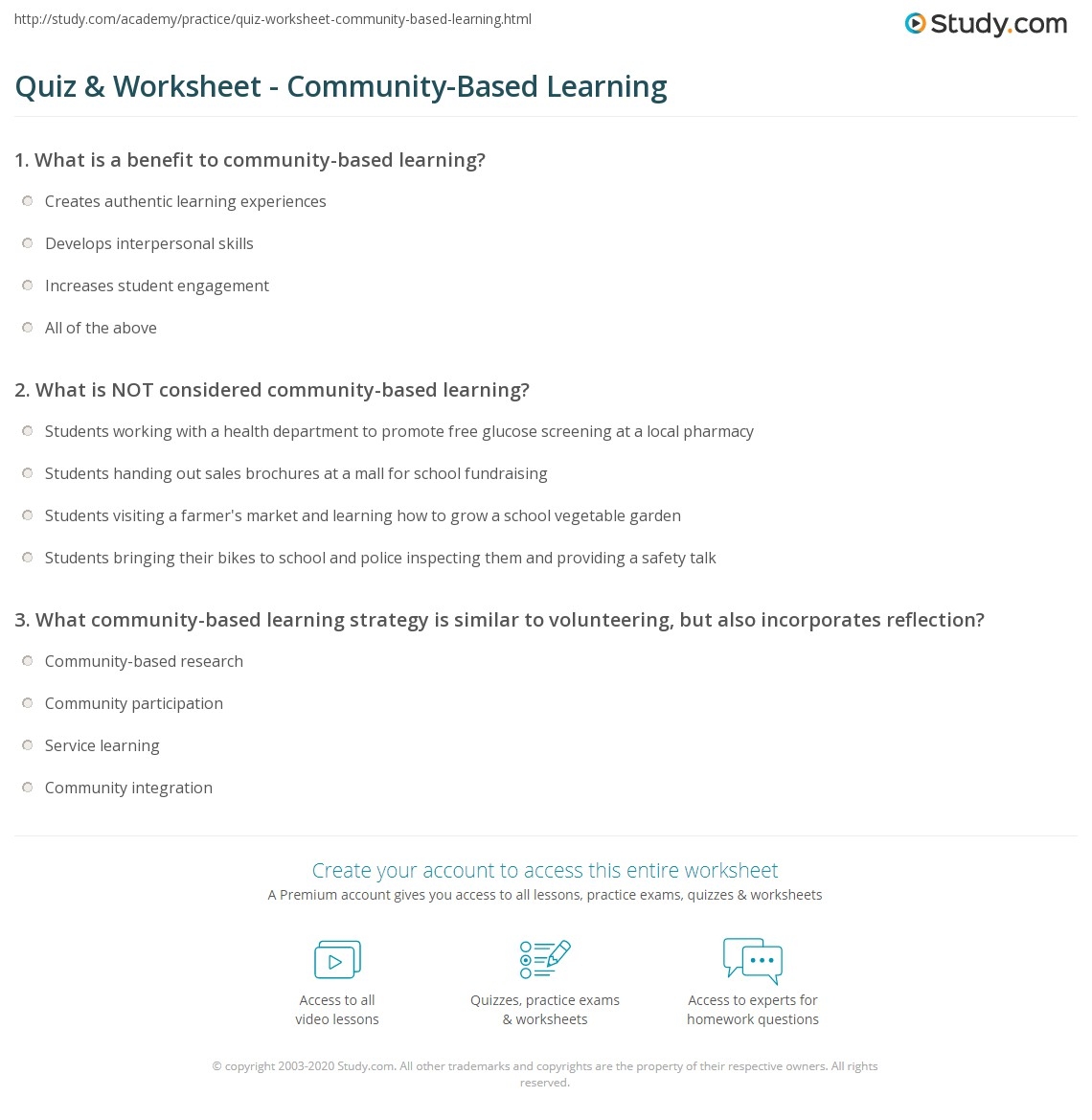 Quiz Worksheet Community Based Learning Study