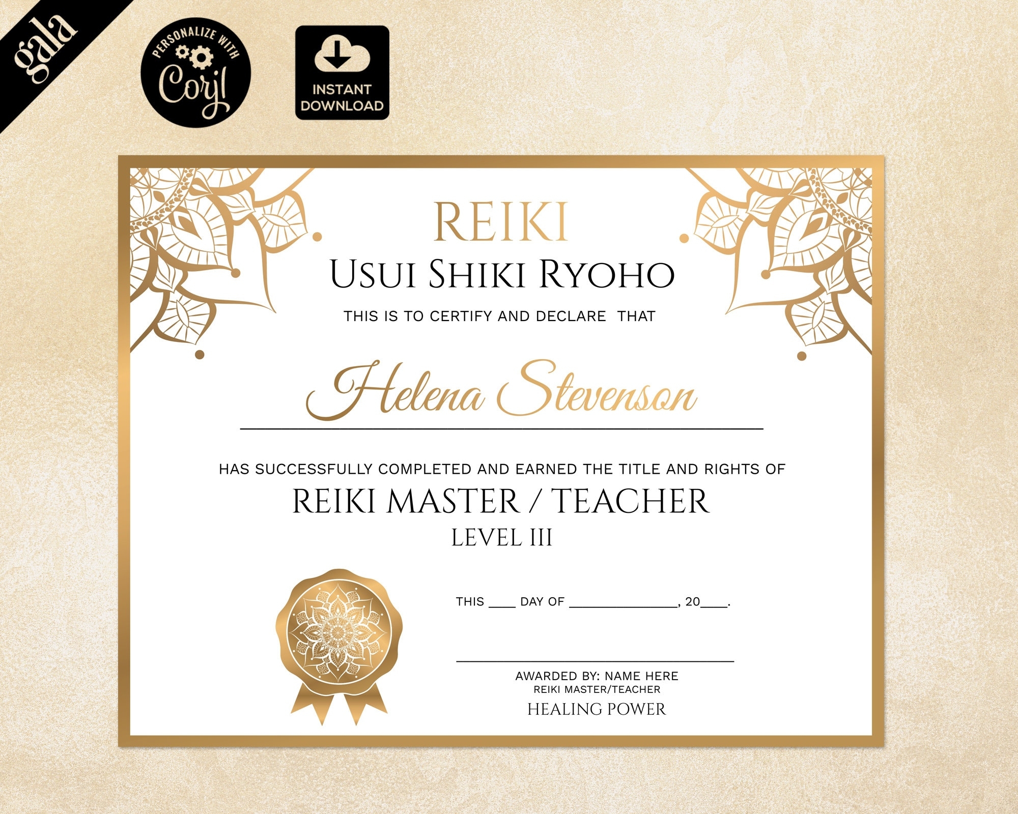 Reiki Certificate Template Reiki Certificate Printable Yoga Teacher Mandala 119 Etsy