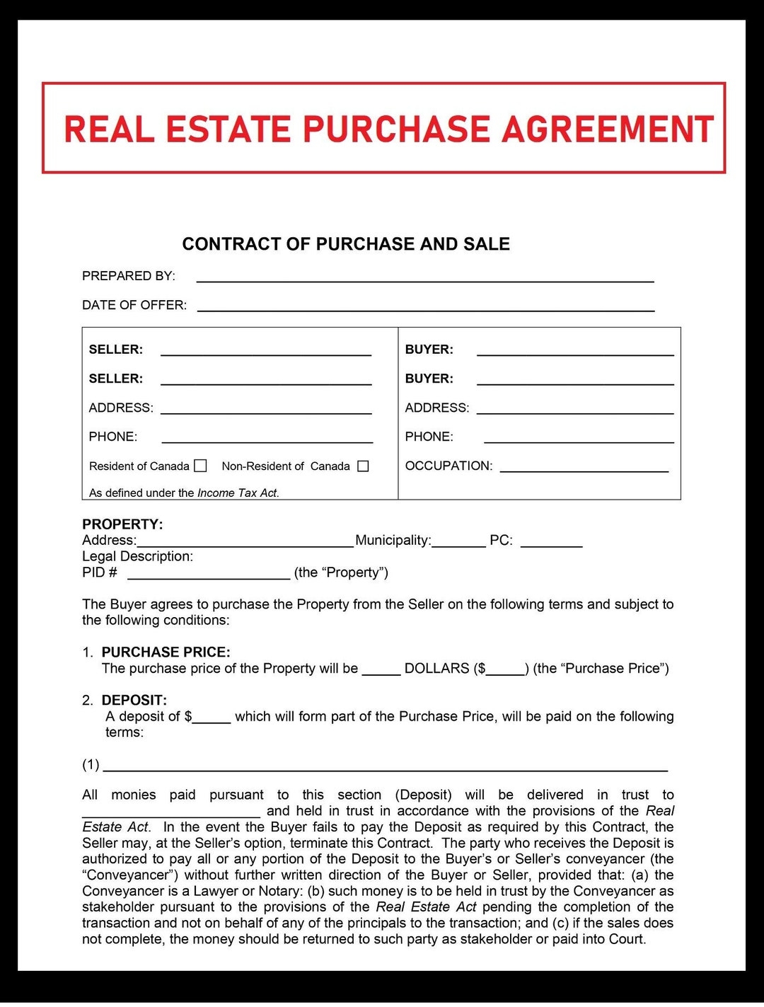 Residential Purchase Agreement Real Estate Purchase Agreement Property Purchase Agreement PDF File Instant Download Etsy